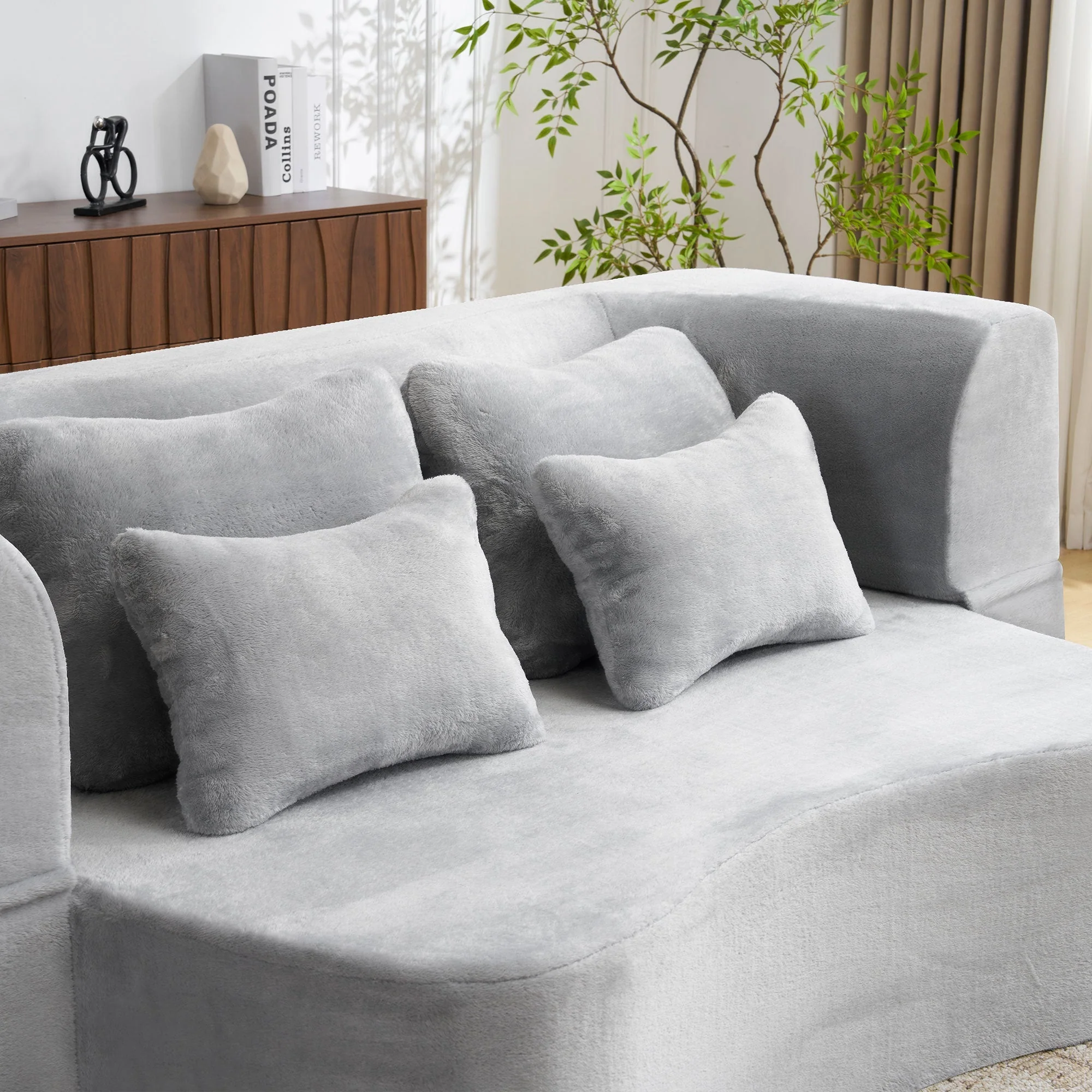 Queen Size Modern Light Grey Floor Sofa with 4 Pillows - Image 10
