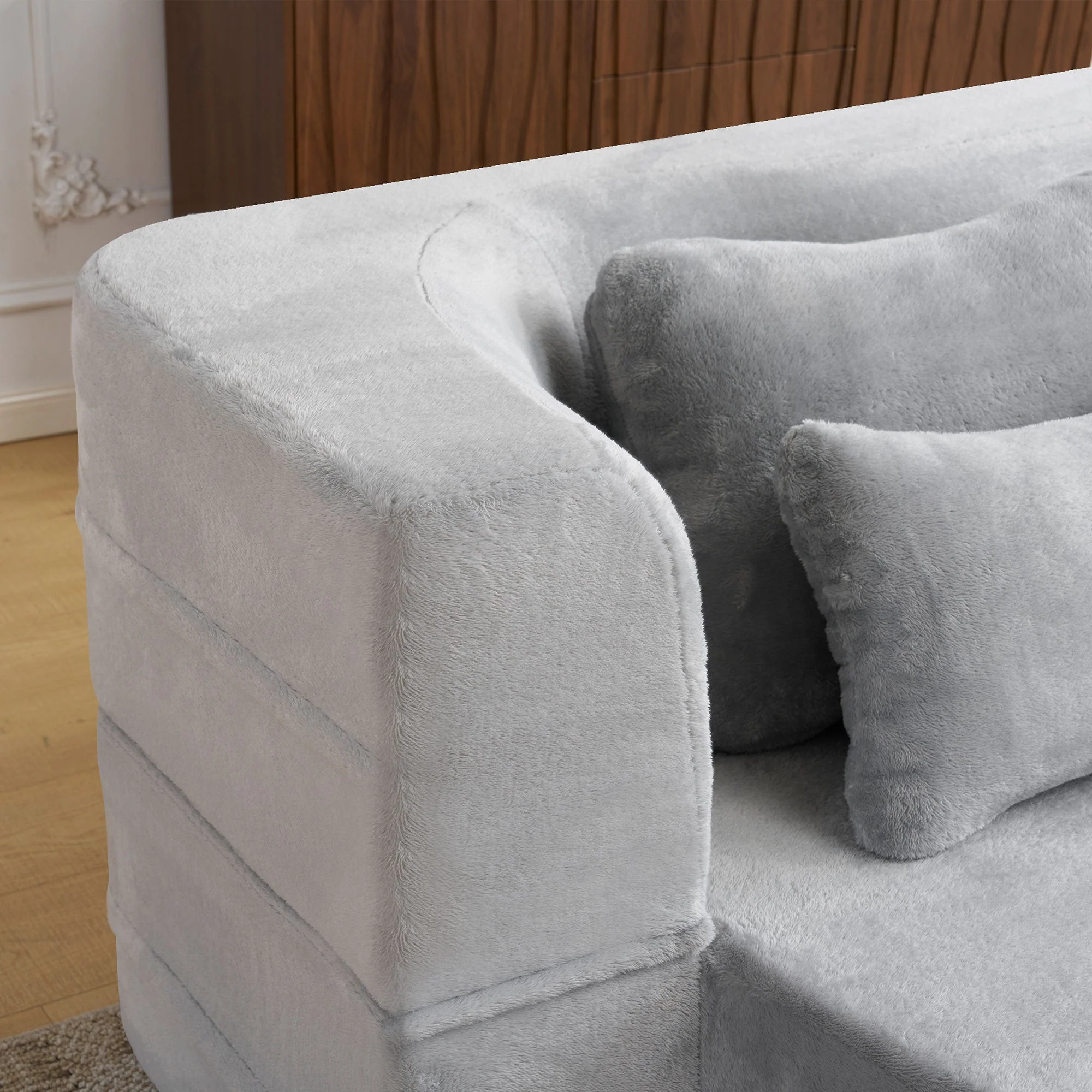 Queen Size Modern Light Grey Floor Sofa with 4 Pillows - Image 11