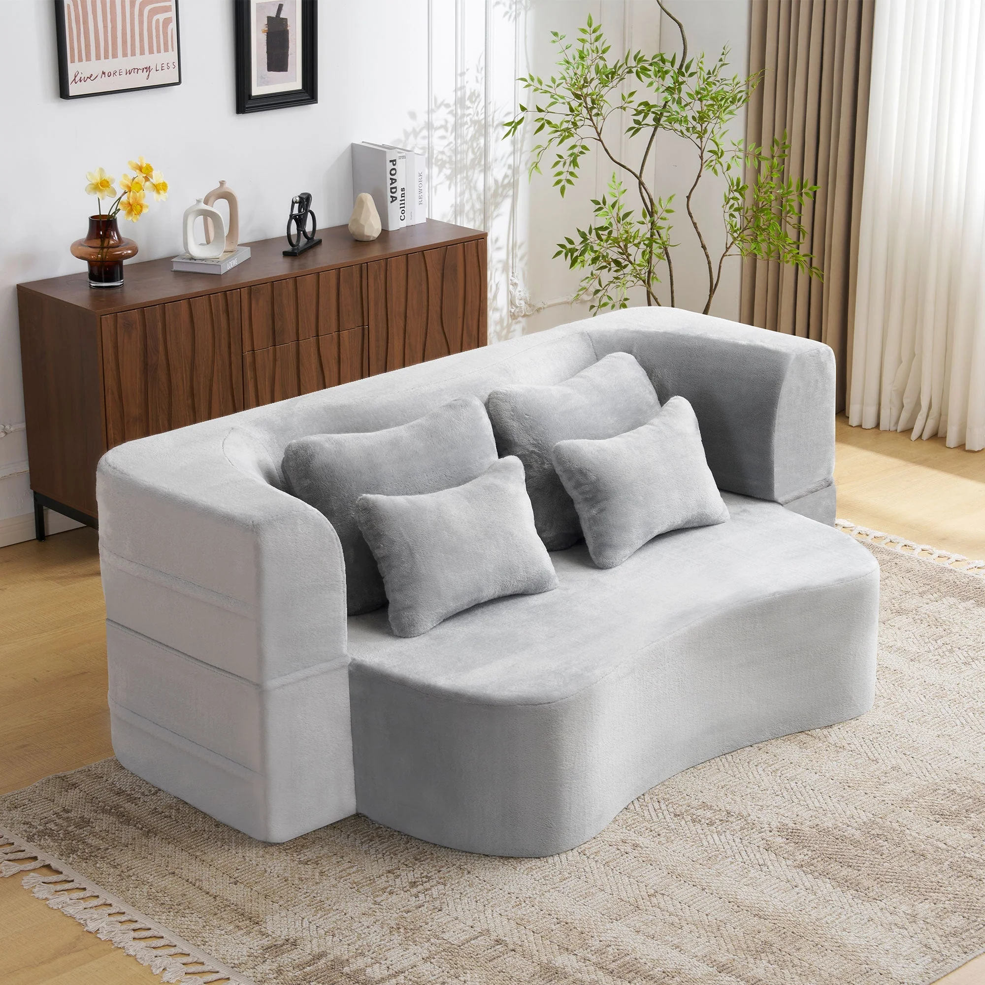 Queen Size Modern Light Grey Floor Sofa with 4 Pillows - Image 2