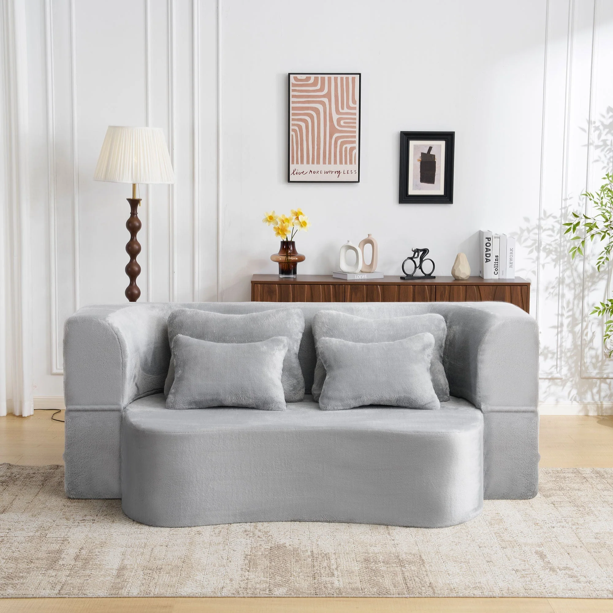 Queen Size Modern Light Grey Floor Sofa with 4 Pillows - Image 3