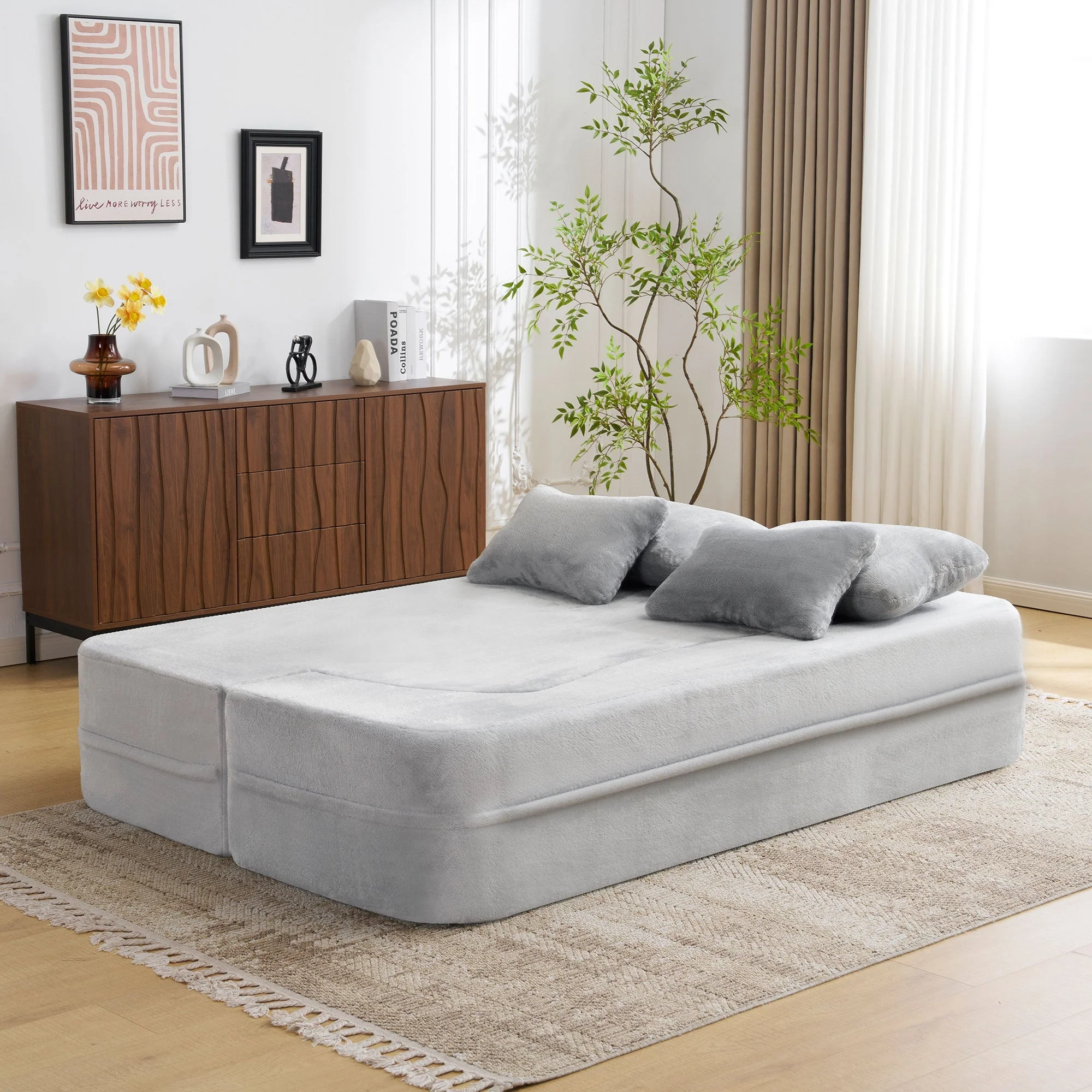 Queen Size Modern Light Grey Floor Sofa with 4 Pillows - Image 4