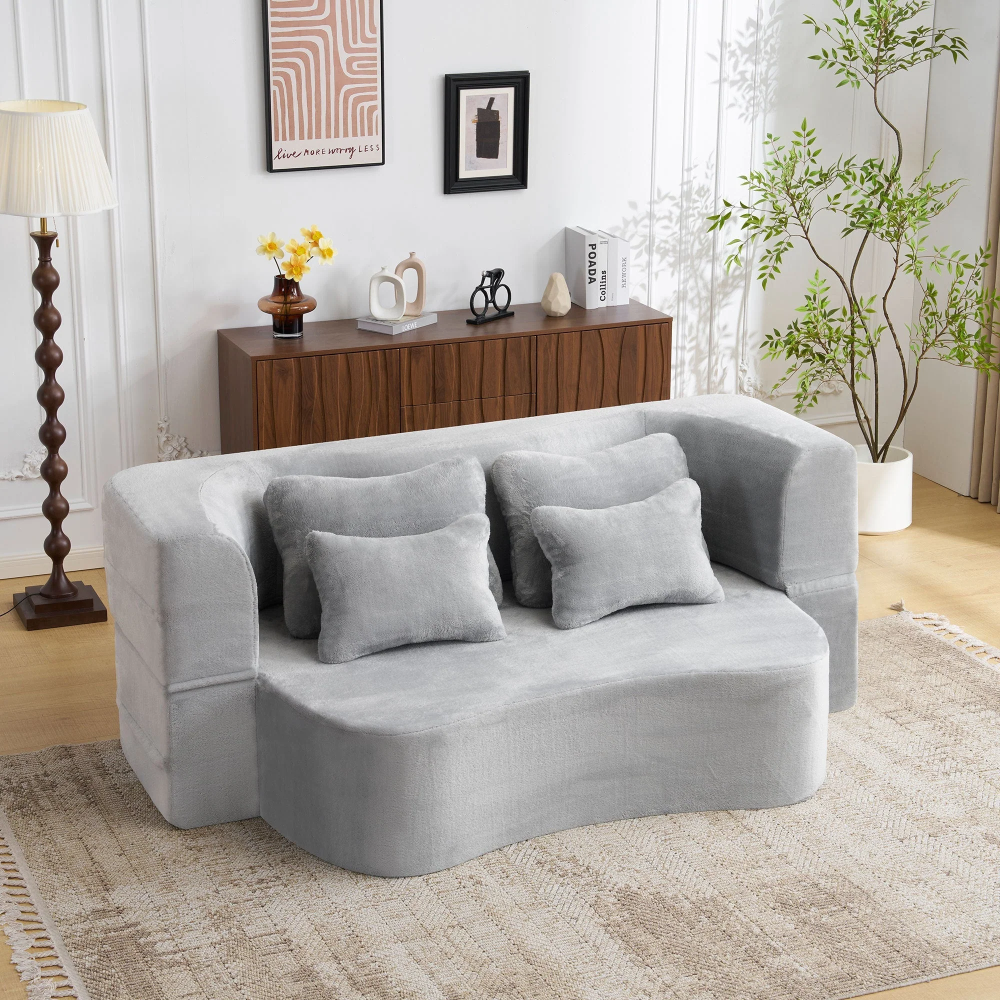 Queen Size Modern Light Grey Floor Sofa with 4 Pillows - Image 5