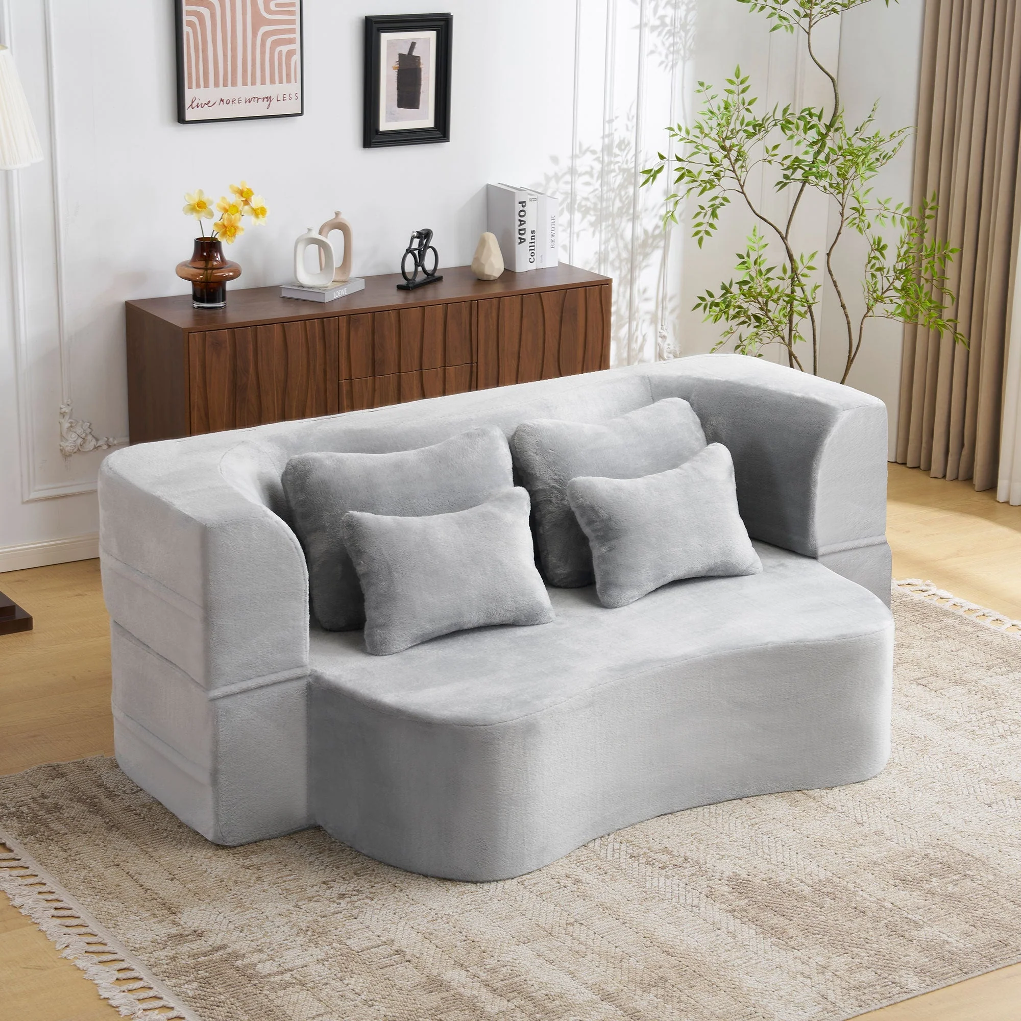 Queen Size Modern Light Grey Floor Sofa with 4 Pillows - Image 7