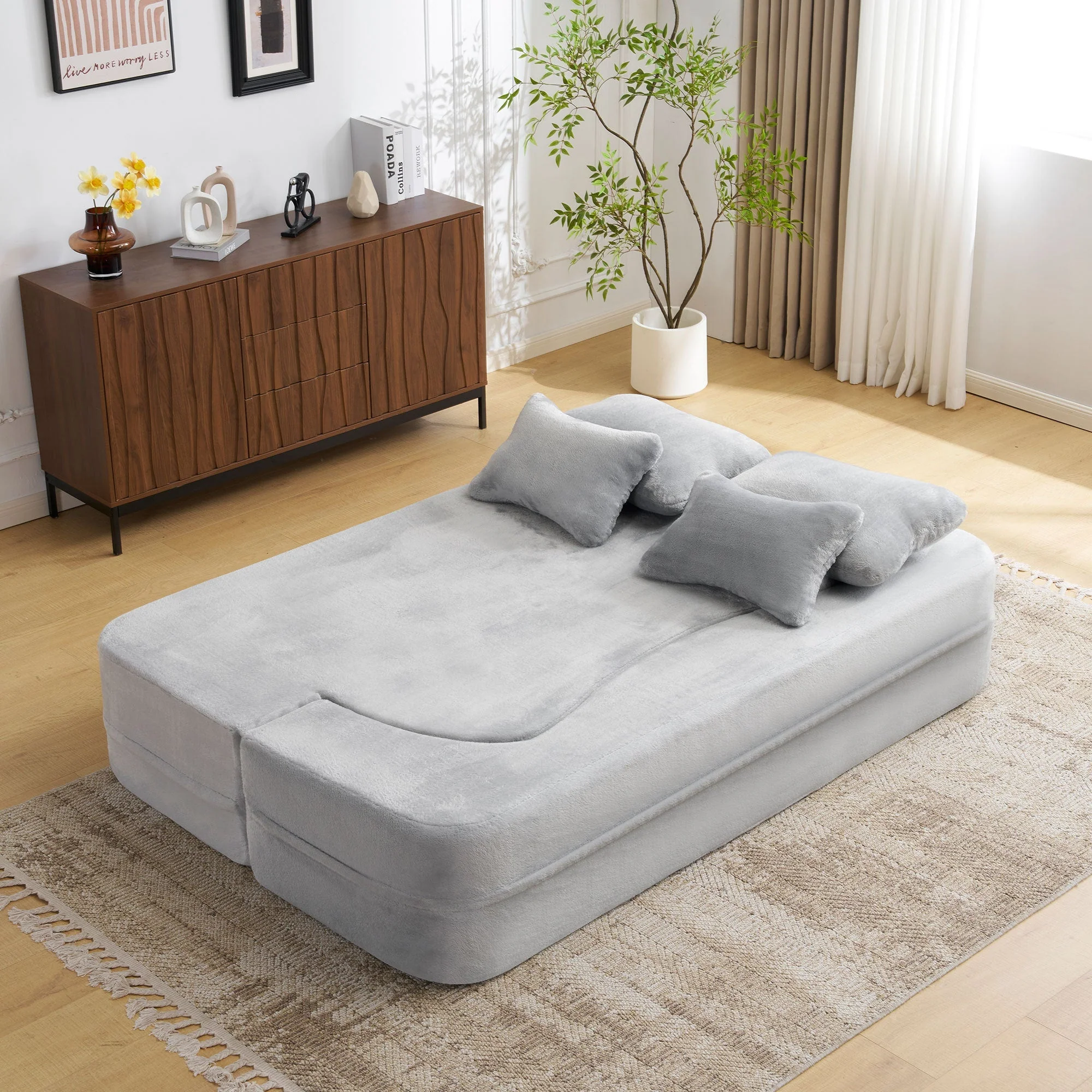 Queen Size Modern Light Grey Floor Sofa with 4 Pillows - Image 8