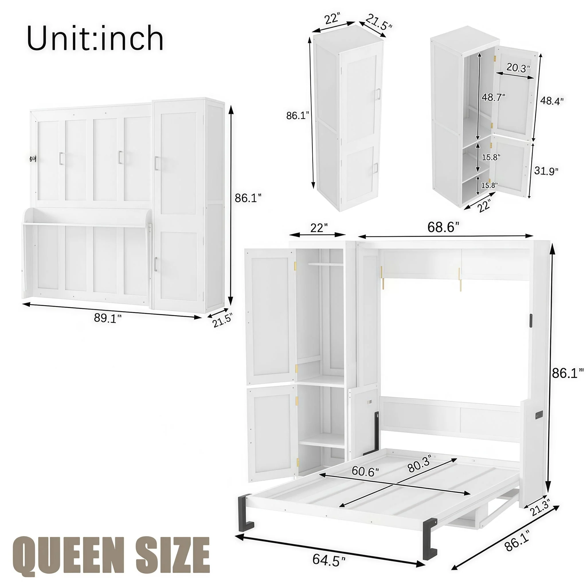 Queen Size Murphy Bed With Wardrobe, Space-Saving Hidden Wall Bed With Desk And Charging Station - White - Image 2