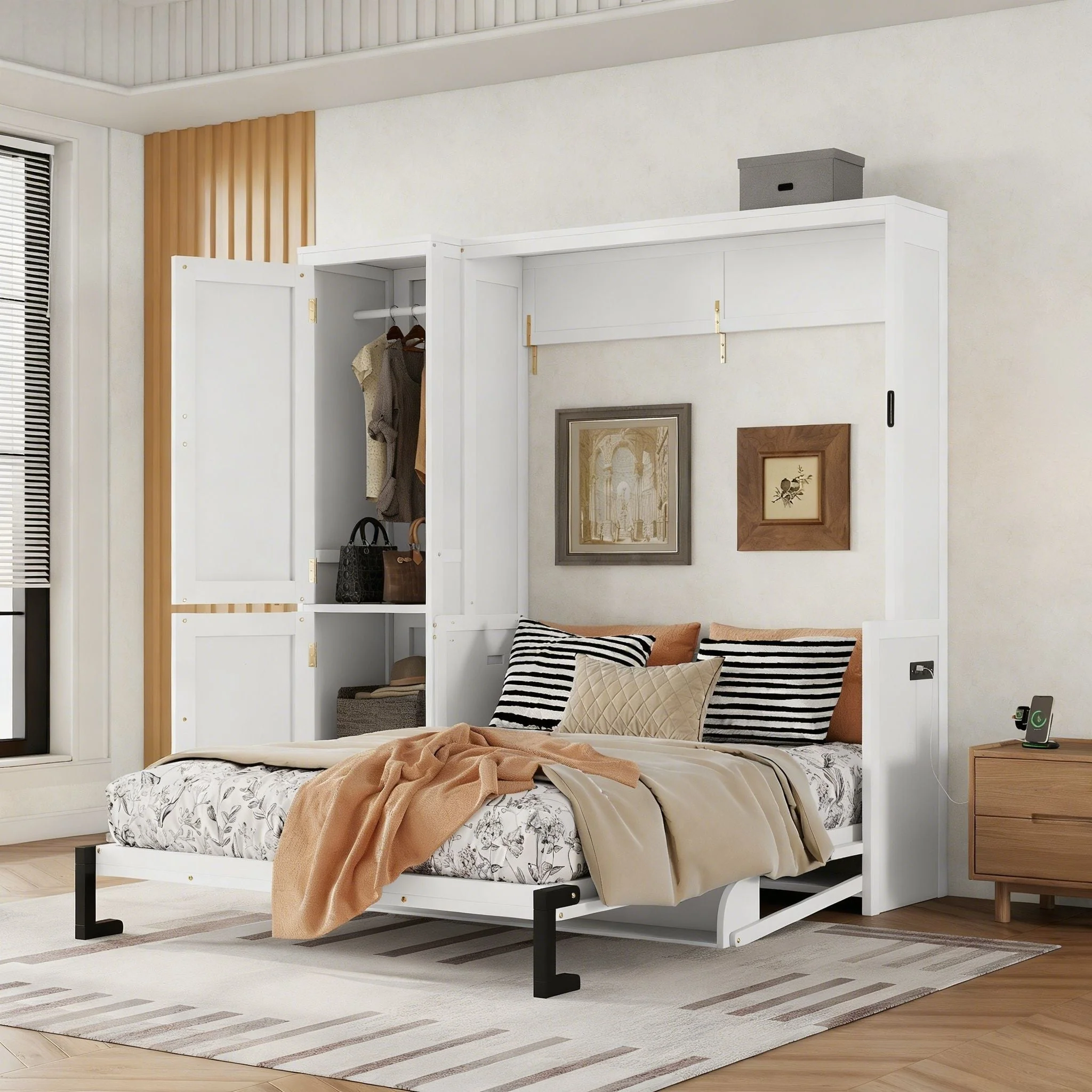 Queen Size Murphy Bed With Wardrobe, Space-Saving Hidden Wall Bed With Desk And Charging Station - White - Image 3