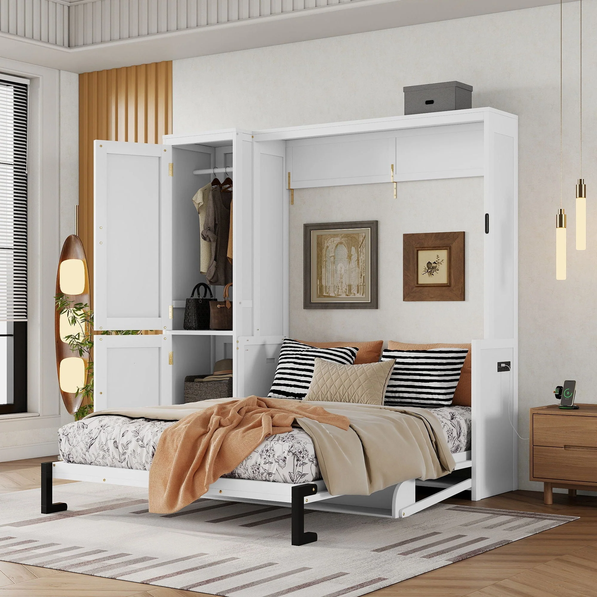 Queen Size Murphy Bed With Wardrobe, Space-Saving Hidden Wall Bed With Desk And Charging Station - White - Image 4
