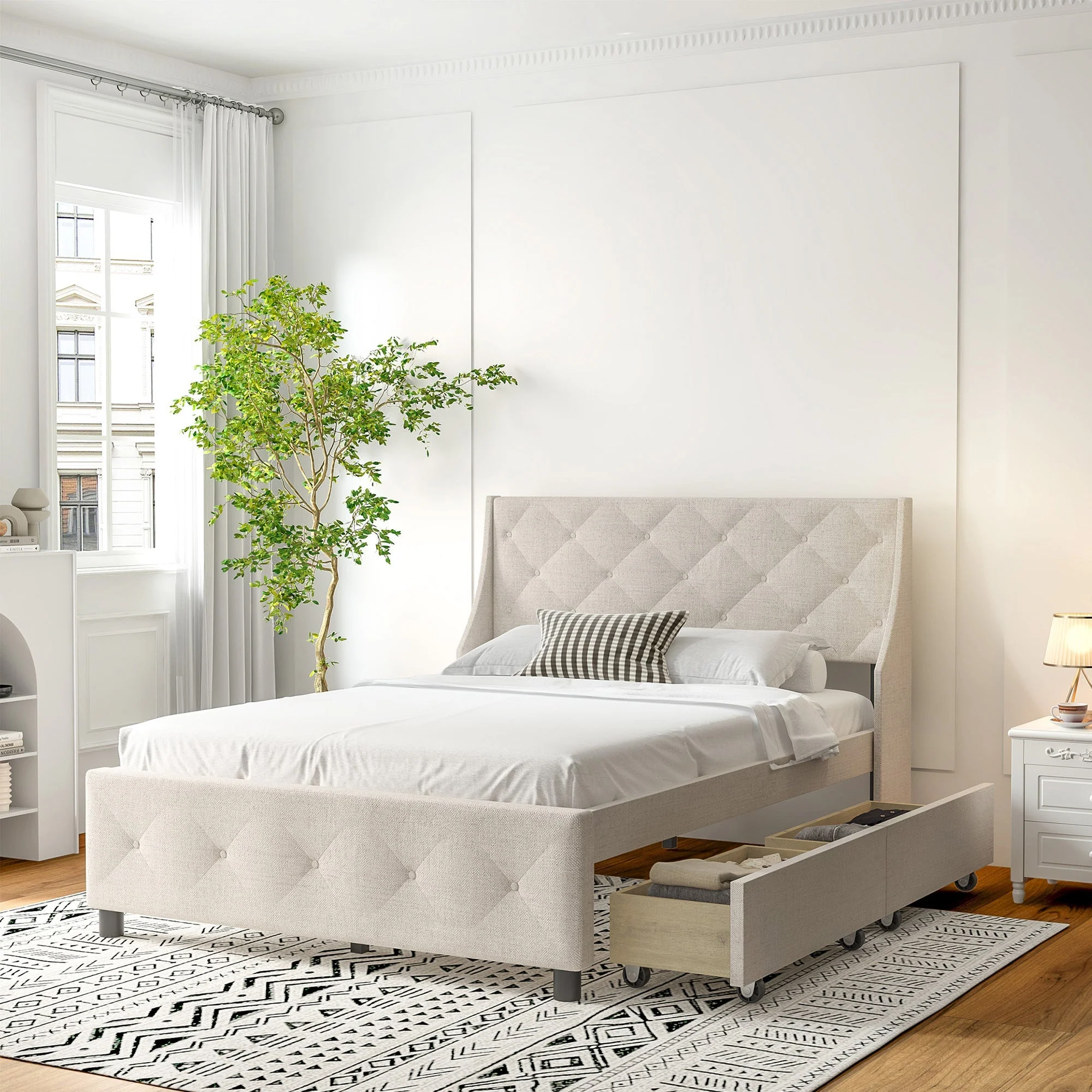 Queen Size Rubber Wood Bed Frame with Storage Headboard & Drawers - Image 2