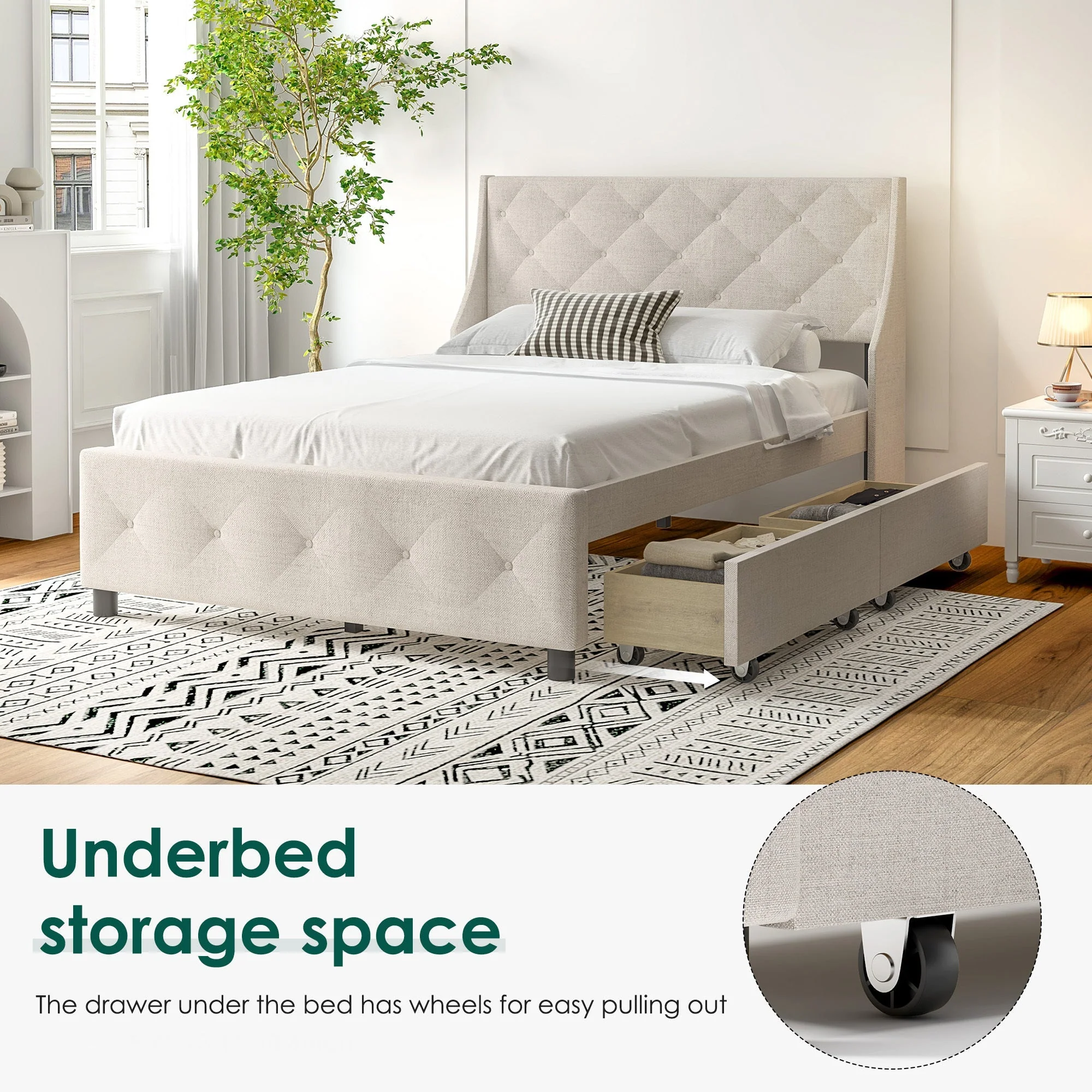 Queen Size Rubber Wood Bed Frame with Storage Headboard & Drawers - Image 3