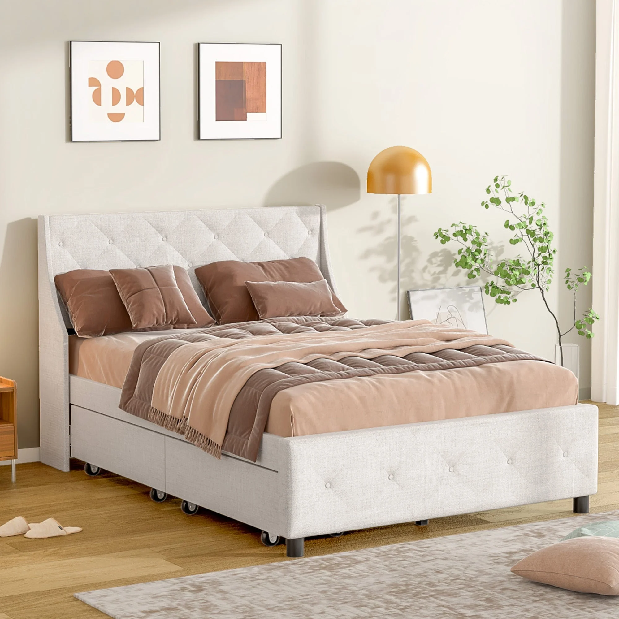 Queen Size Rubber Wood Bed Frame with Storage Headboard & Drawers - Image 4
