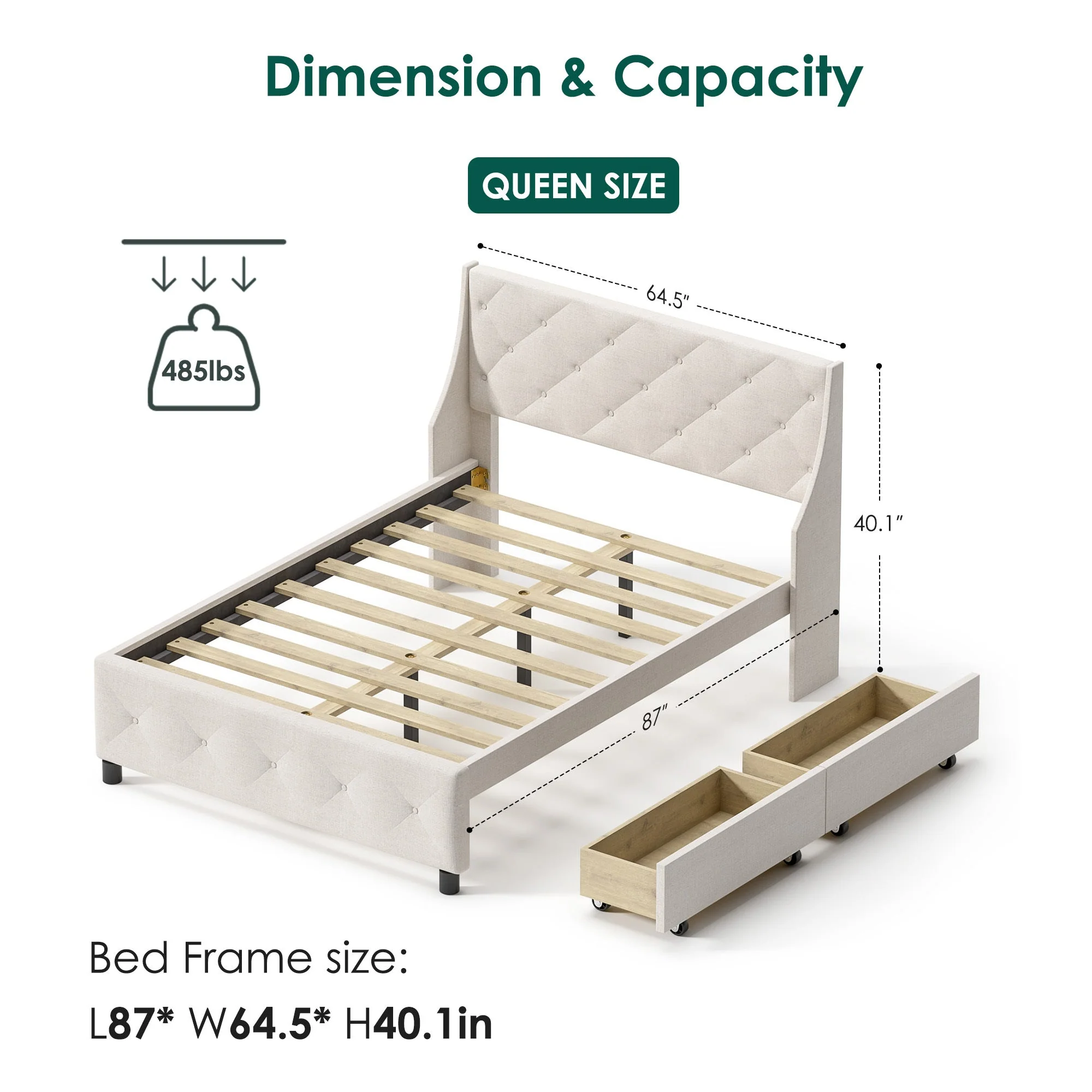 Queen Size Rubber Wood Bed Frame with Storage Headboard & Drawers - Image 9