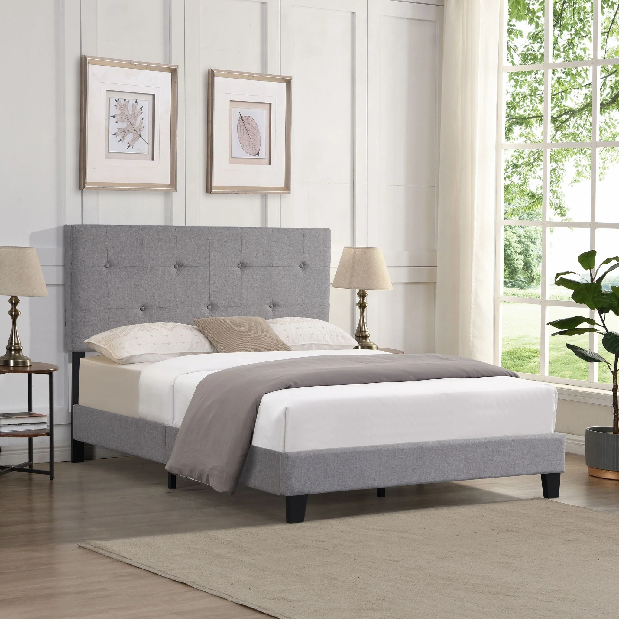 Queen Size Upholstered Platform Bed Frame With Button Tufted Linen Headboard, No Box Spring Needed, Wood Slat Support - Gray - Image 2