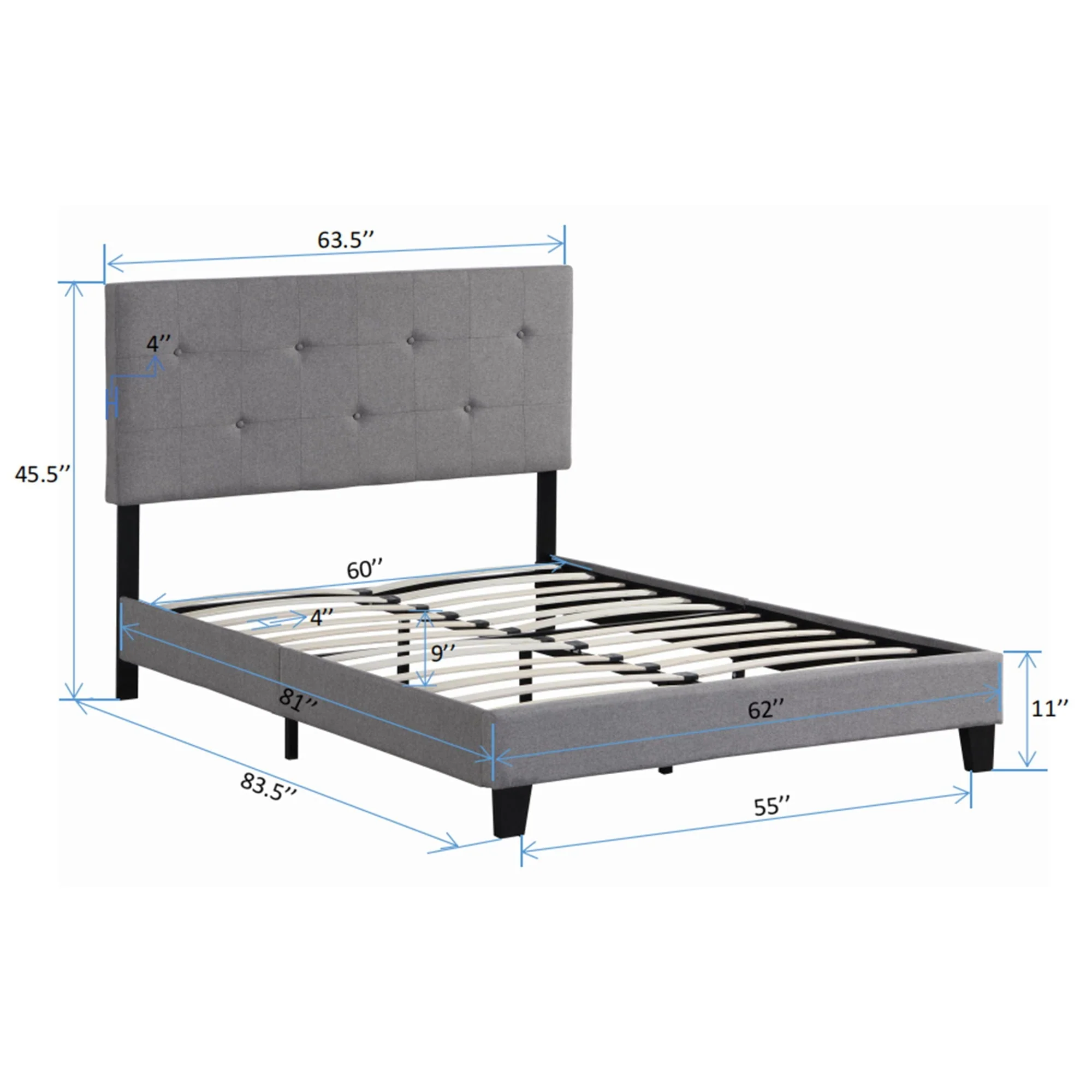 Queen Size Upholstered Platform Bed Frame With Button Tufted Linen Headboard, No Box Spring Needed, Wood Slat Support - Gray - Image 3