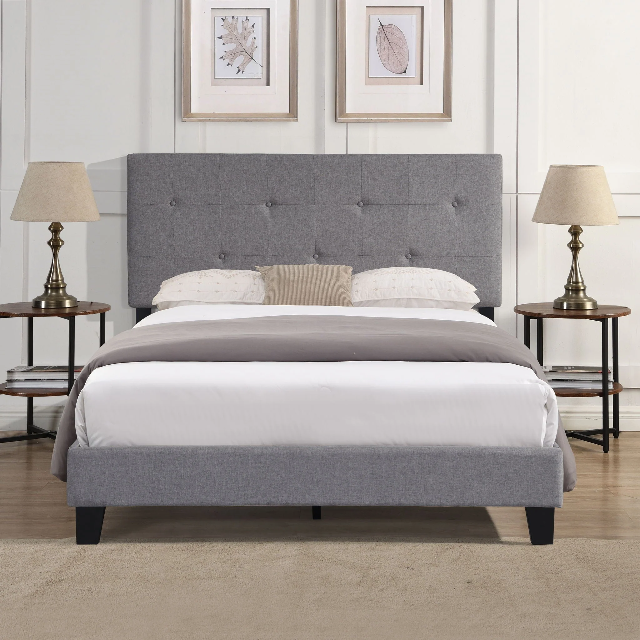 Queen Size Upholstered Platform Bed Frame With Button Tufted Linen Headboard, No Box Spring Needed, Wood Slat Support - Gray - Image 4