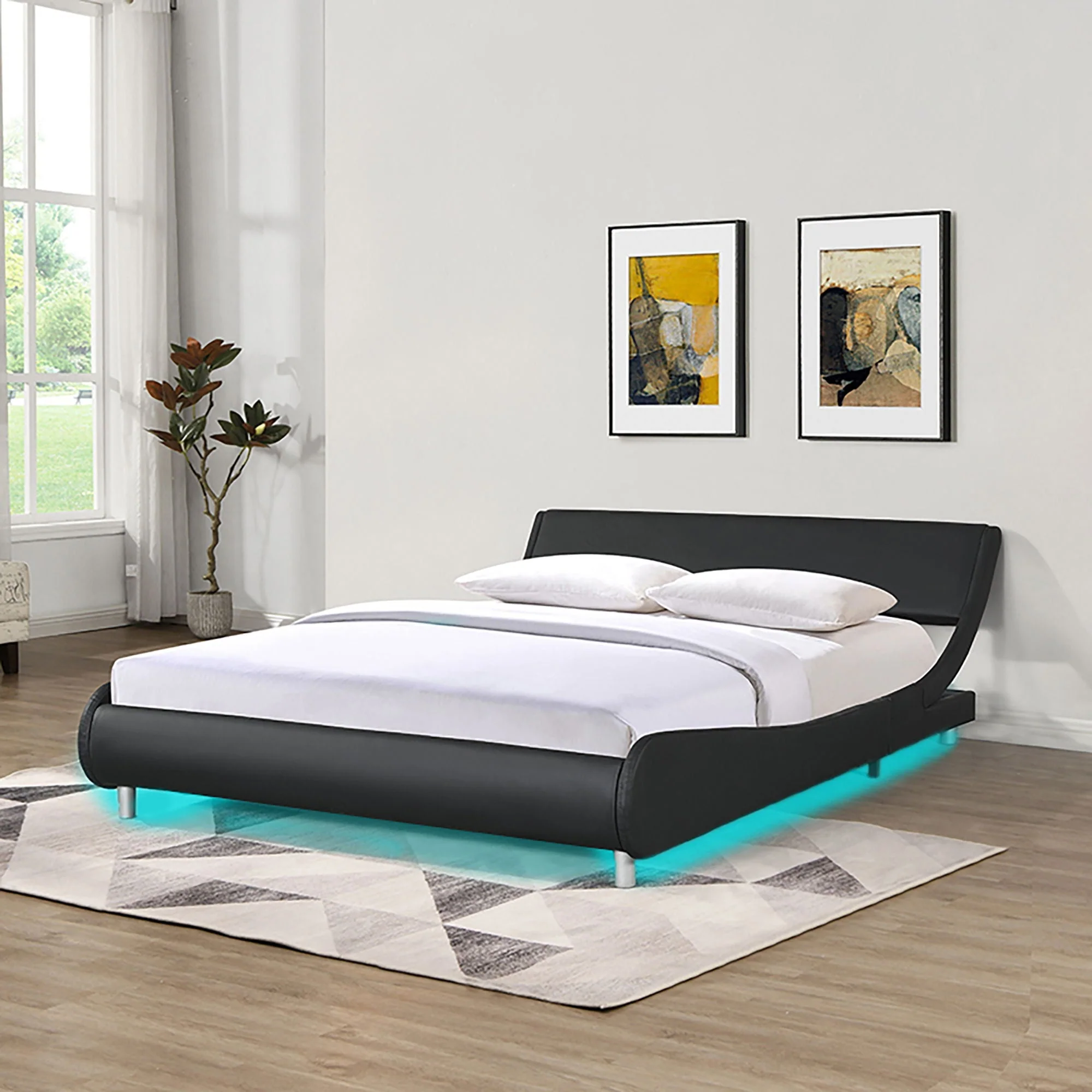 Queen Size Upholstered Platform Bed Frame With LED Lighting, Curve Design, Slat Support, No Box Spring Needed - Black - Image 2
