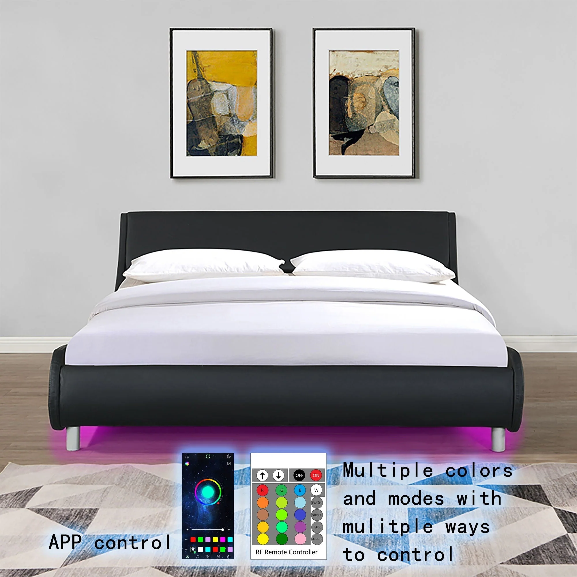 Queen Size Upholstered Platform Bed Frame With LED Lighting, Curve Design, Slat Support, No Box Spring Needed - Black - Image 3
