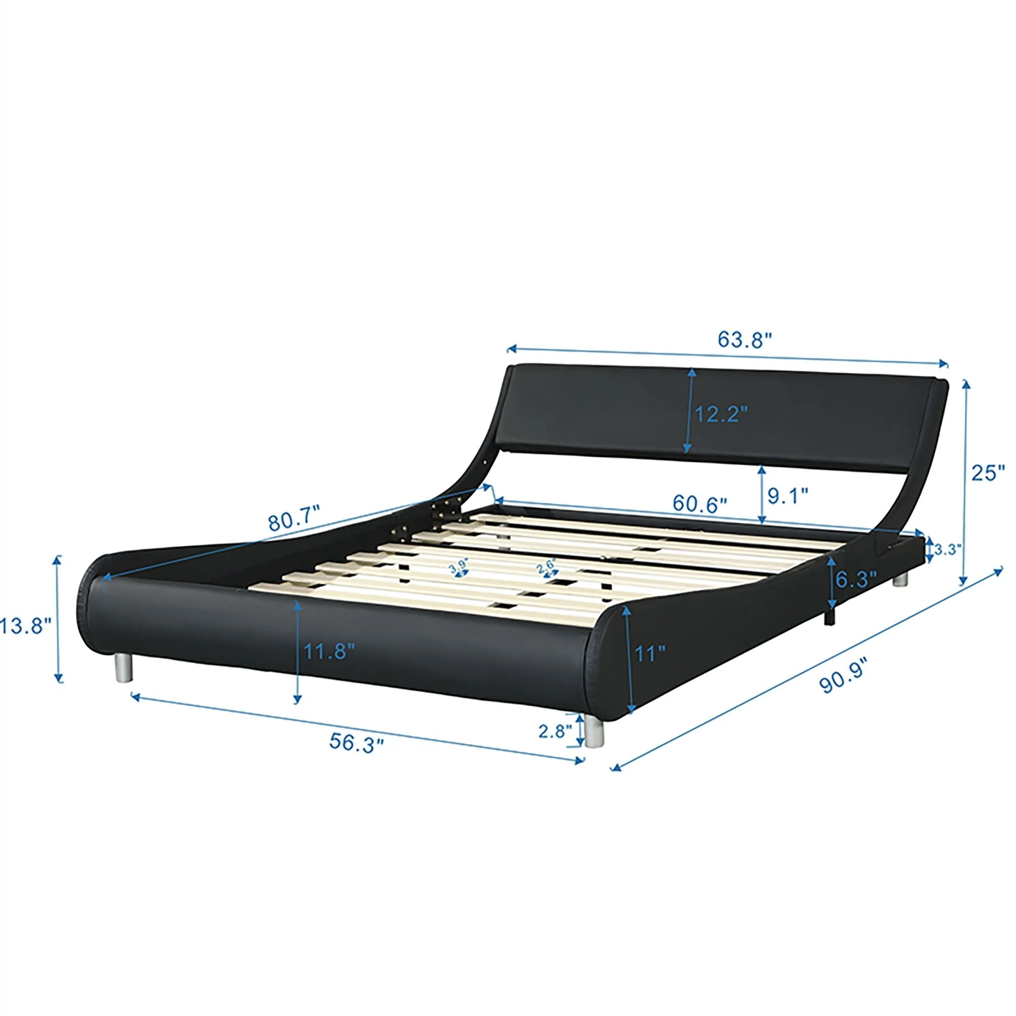 Queen Size Upholstered Platform Bed Frame With LED Lighting, Curve Design, Slat Support, No Box Spring Needed - Black - Image 4