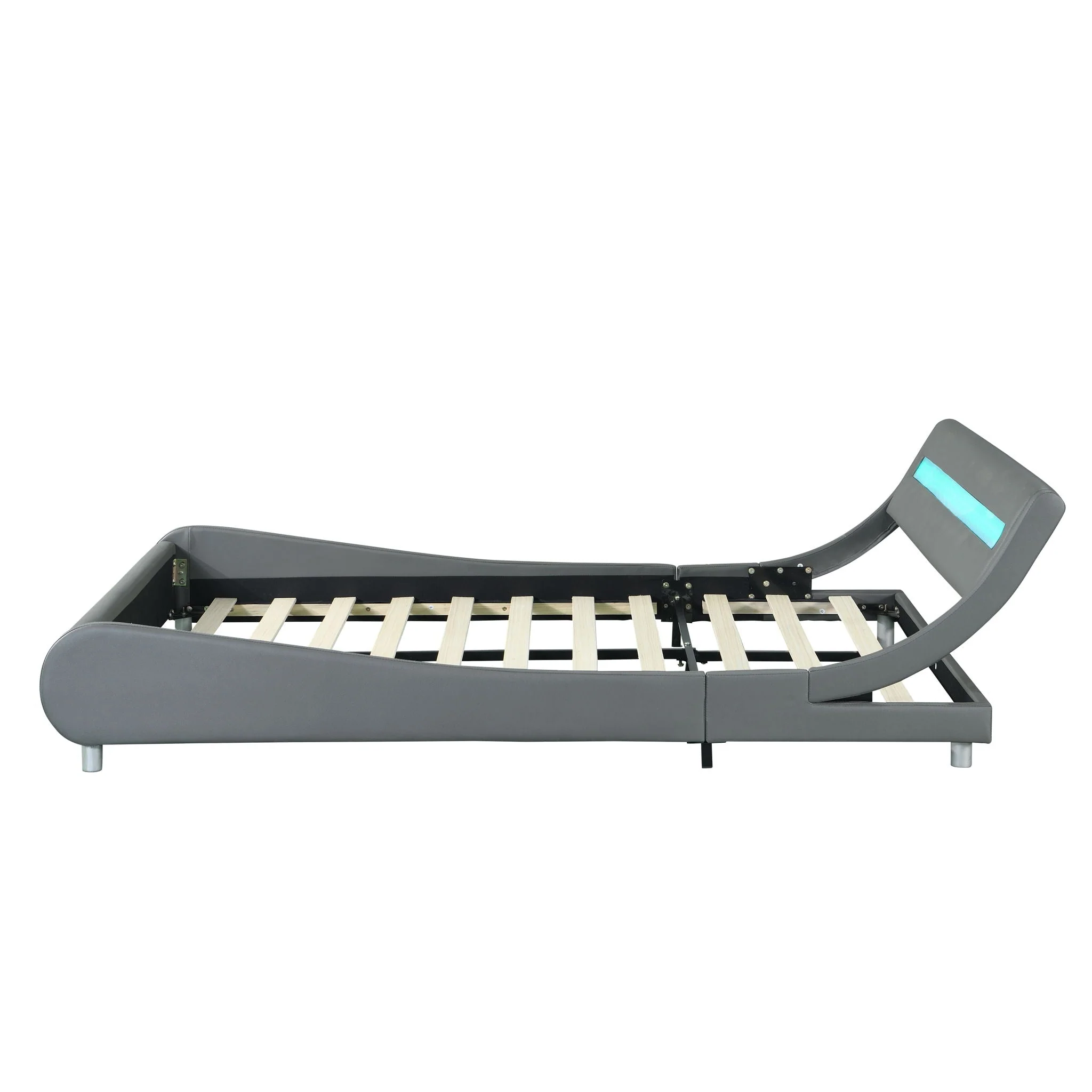 Queen Size Upholstered Platform Bed Frame With LED Lighting, Curve Design, Wood Slat Support, No Box Spring Needed - Gray - Image 10