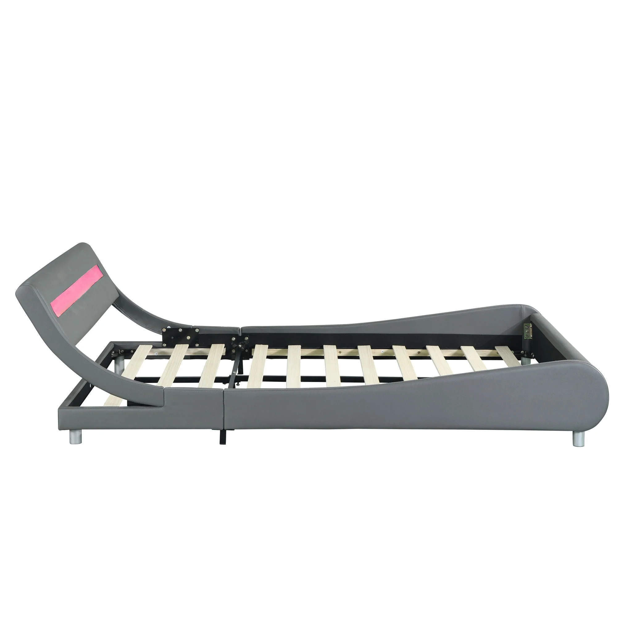 Queen Size Upholstered Platform Bed Frame With LED Lighting, Curve Design, Wood Slat Support, No Box Spring Needed - Gray - Image 2