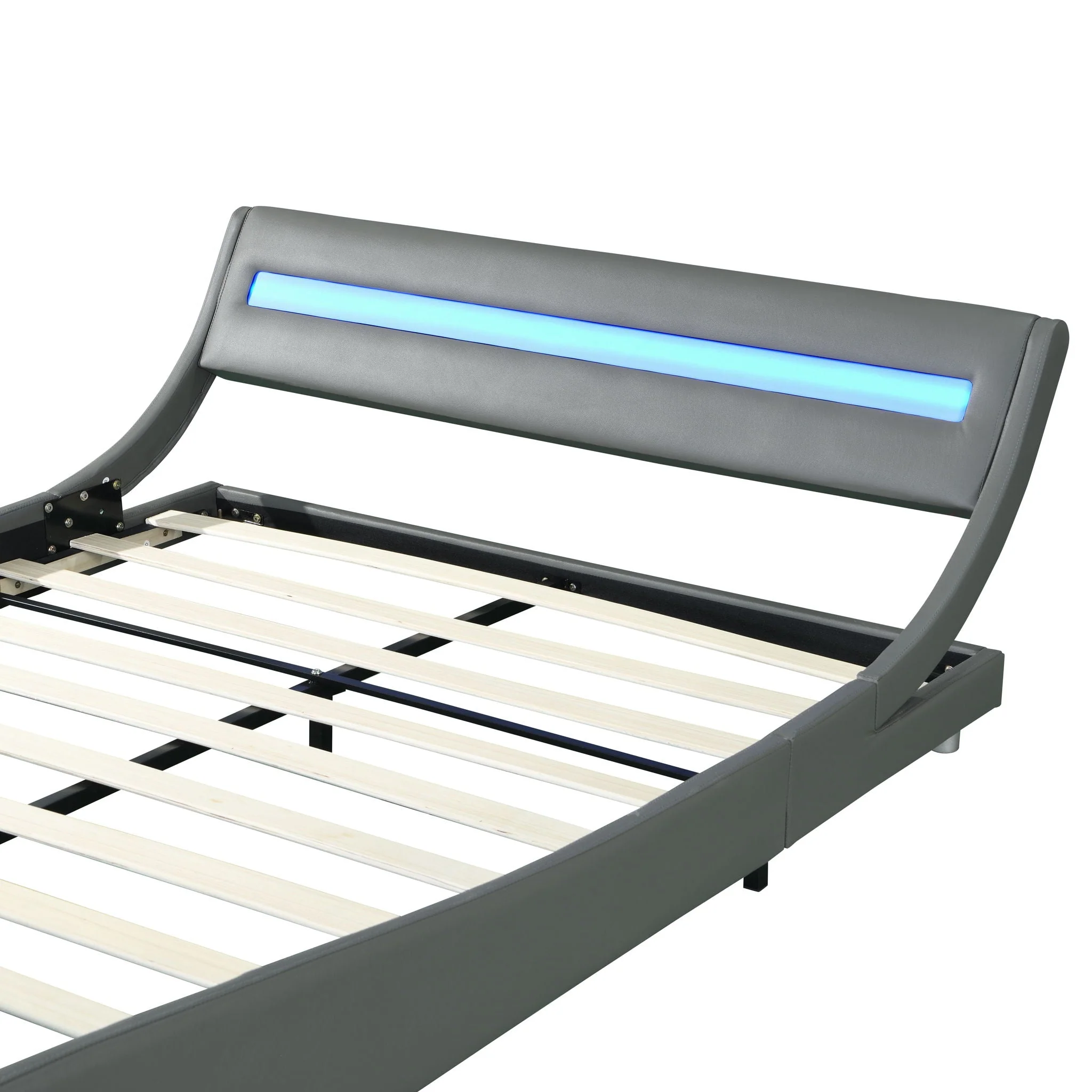 Queen Size Upholstered Platform Bed Frame With LED Lighting, Curve Design, Wood Slat Support, No Box Spring Needed - Gray - Image 3
