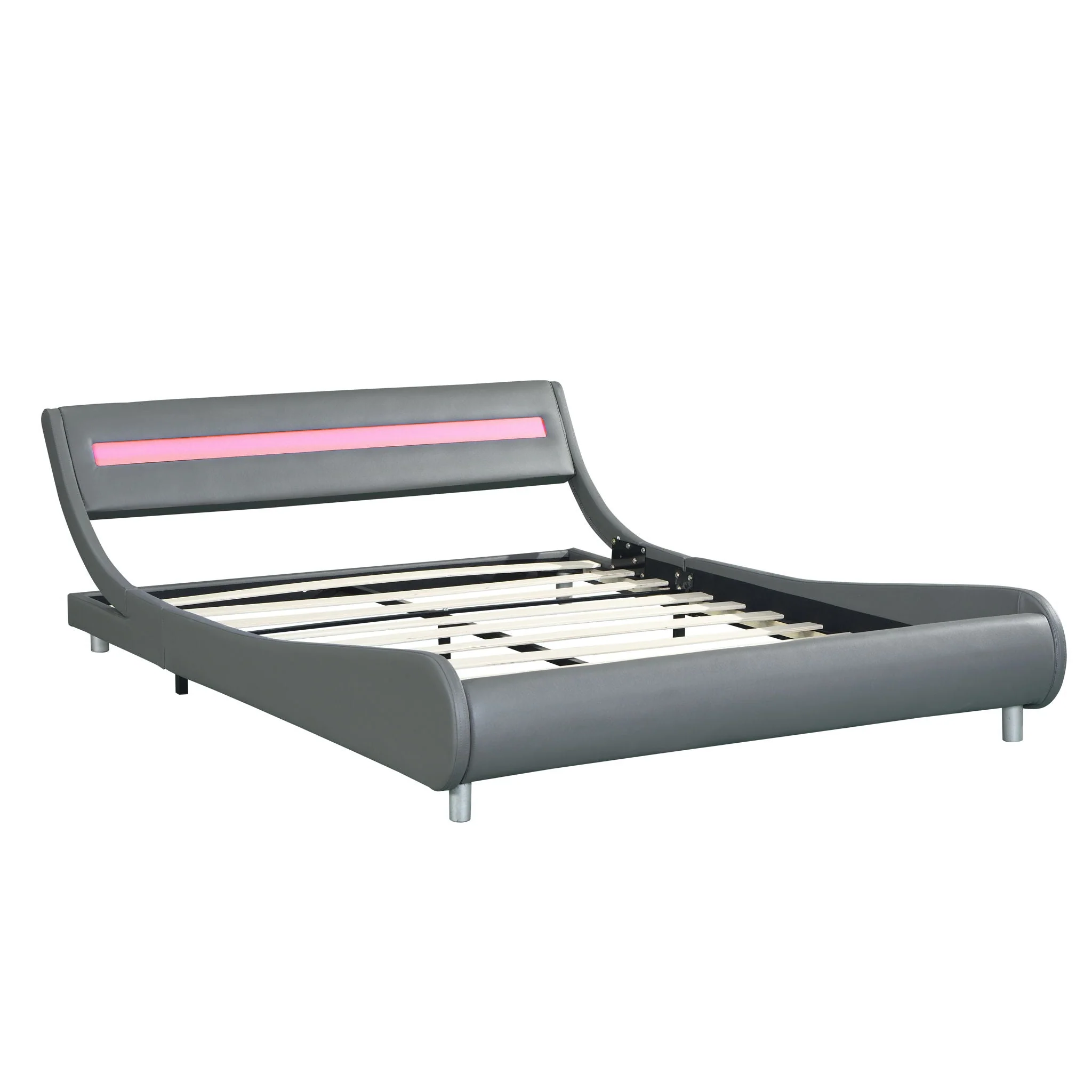 Queen Size Upholstered Platform Bed Frame With LED Lighting, Curve Design, Wood Slat Support, No Box Spring Needed - Gray - Image 5