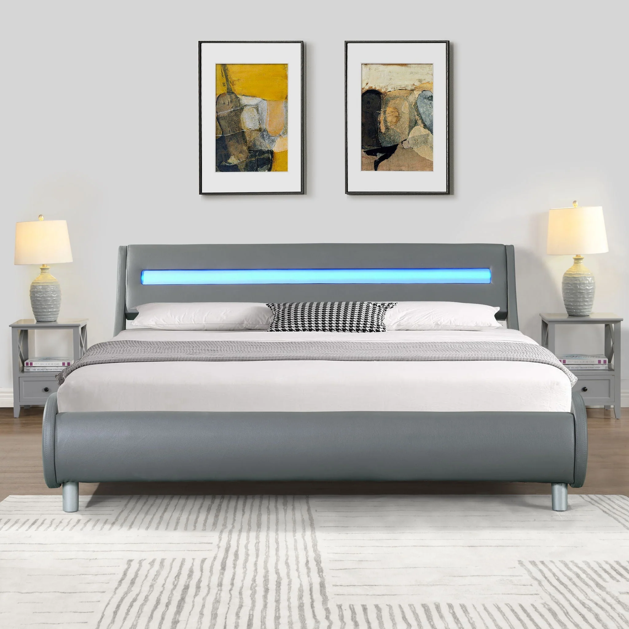 Queen Size Upholstered Platform Bed Frame With LED Lighting, Curve Design, Wood Slat Support, No Box Spring Needed - Gray - Image 6