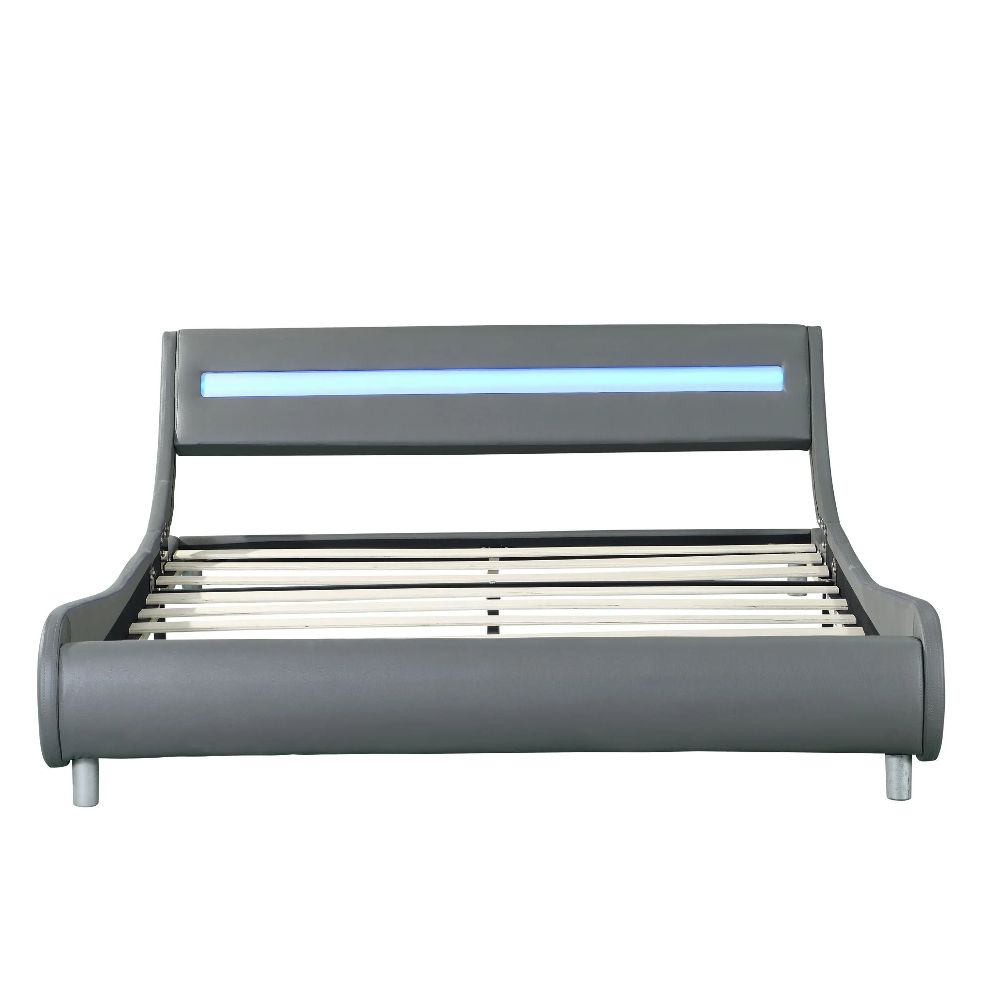 Queen Size Upholstered Platform Bed Frame With LED Lighting, Curve Design, Wood Slat Support, No Box Spring Needed - Gray - Image 7