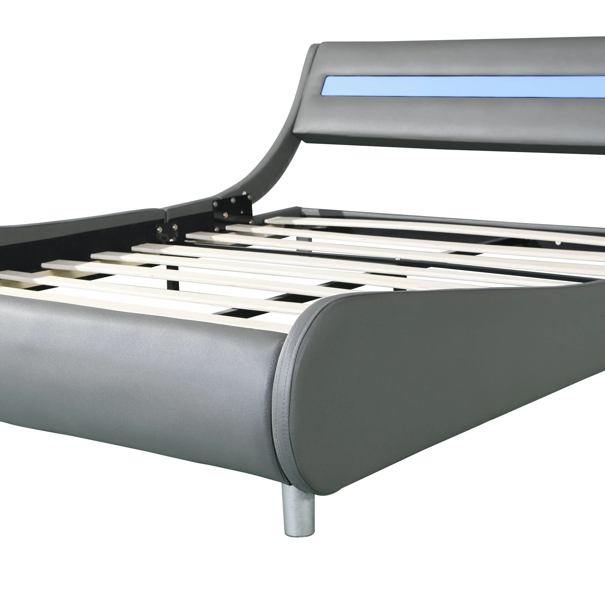 Queen Size Upholstered Platform Bed Frame With LED Lighting, Curve Design, Wood Slat Support, No Box Spring Needed - Gray - Image 8
