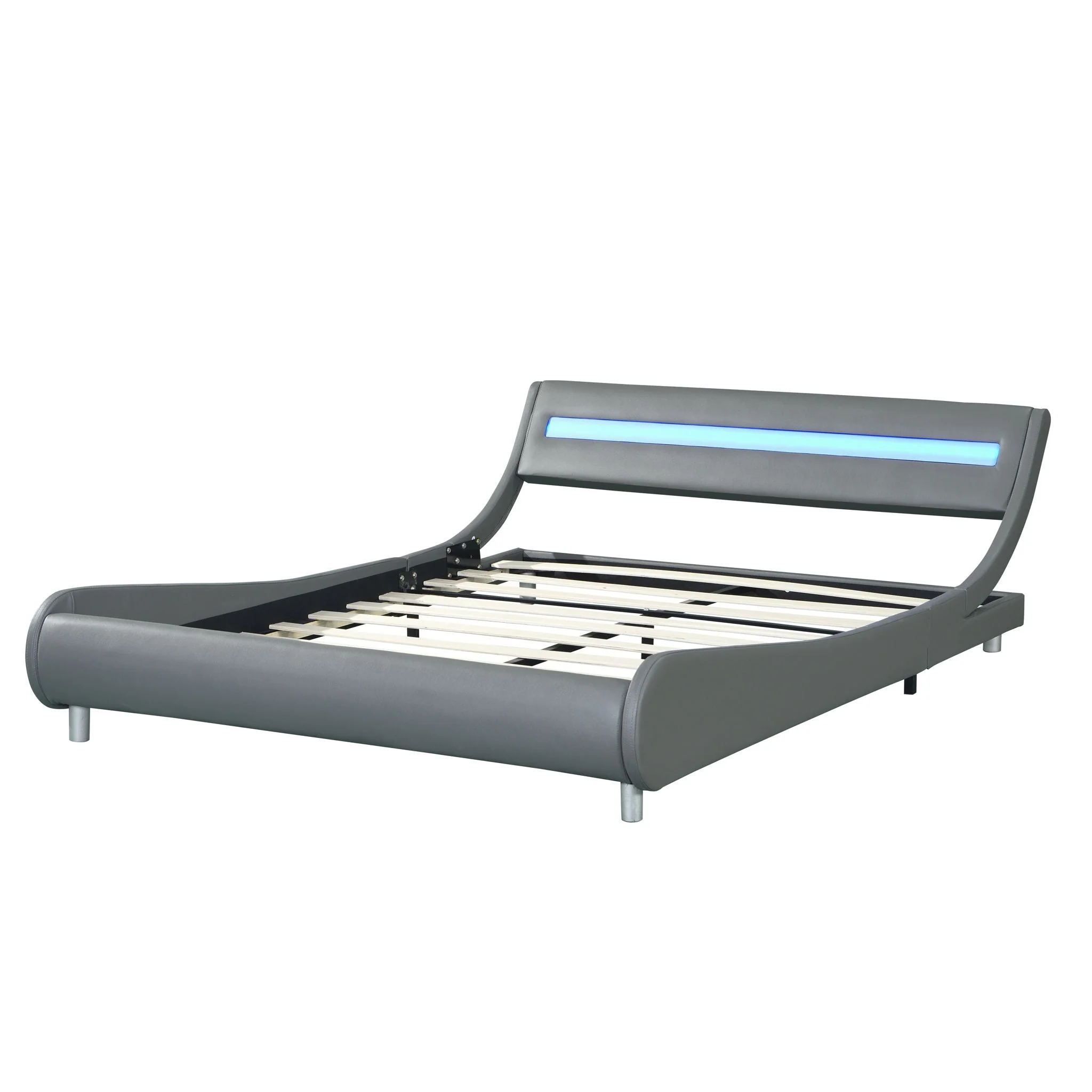 Queen Size Upholstered Platform Bed Frame With LED Lighting, Curve Design, Wood Slat Support, No Box Spring Needed - Gray - Image 9