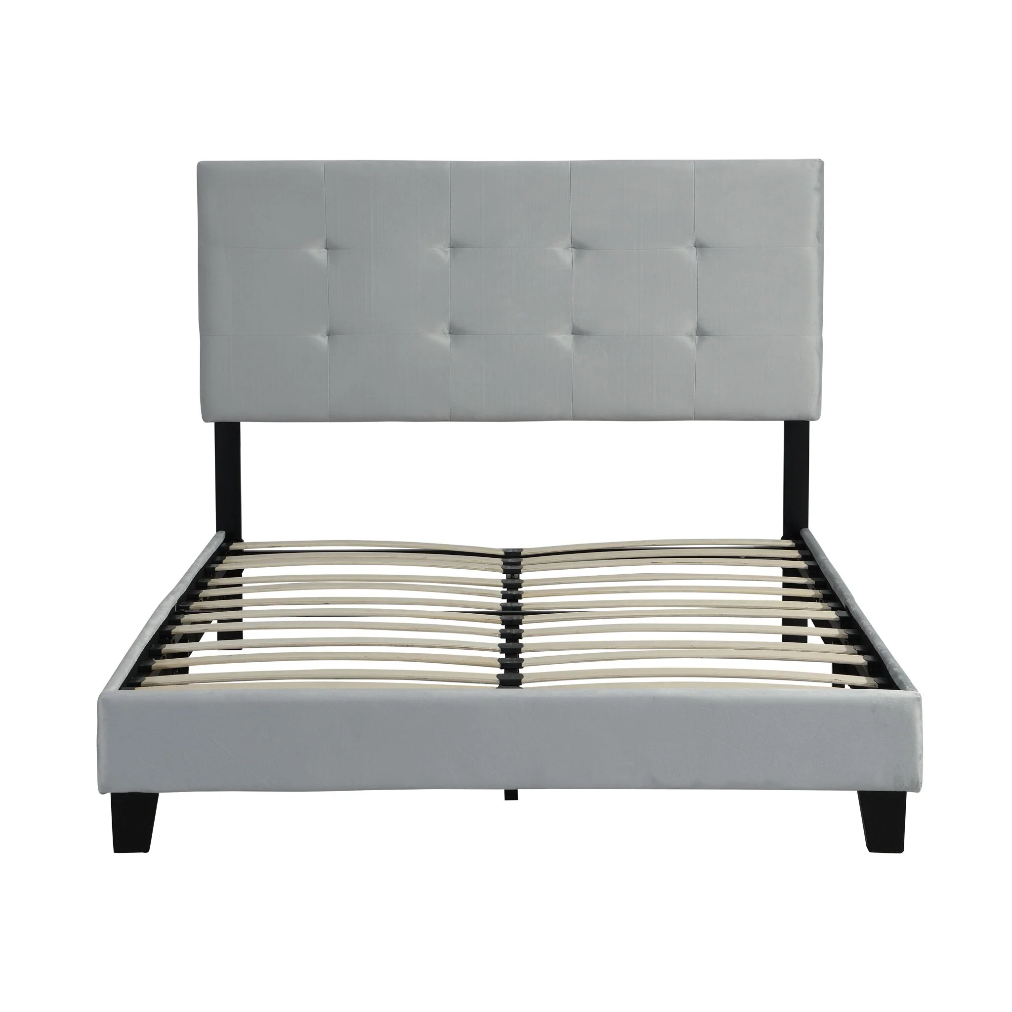Queen Size Upholstered Platform Bed Frame With Pull Point Tufted Headboard, Strong Slat Support, Mattress Foundation, No Box Spring Needed - Gray - Image 2