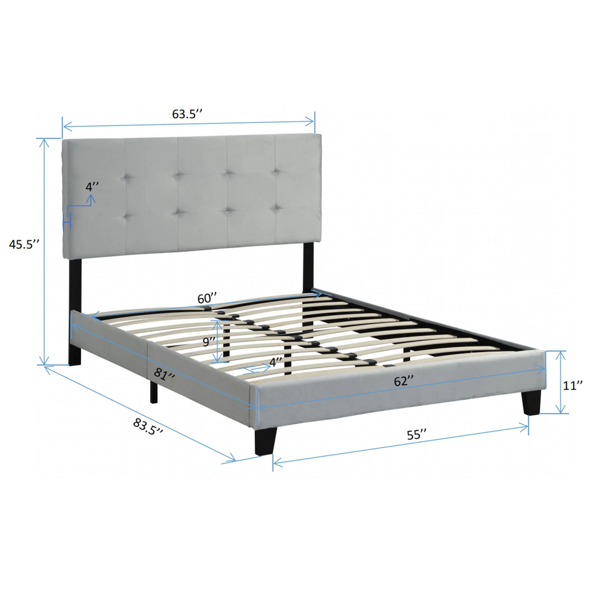 Queen Size Upholstered Platform Bed Frame With Pull Point Tufted Headboard, Strong Slat Support, Mattress Foundation, No Box Spring Needed - Gray - Image 3