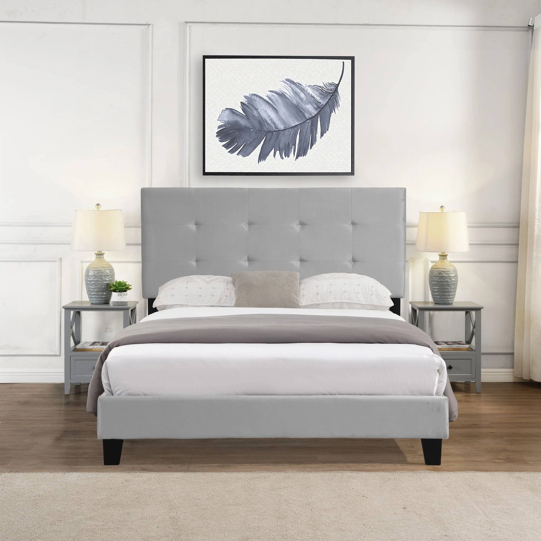 Queen Size Upholstered Platform Bed Frame With Pull Point Tufted Headboard, Strong Slat Support, Mattress Foundation, No Box Spring Needed - Gray - Image 4