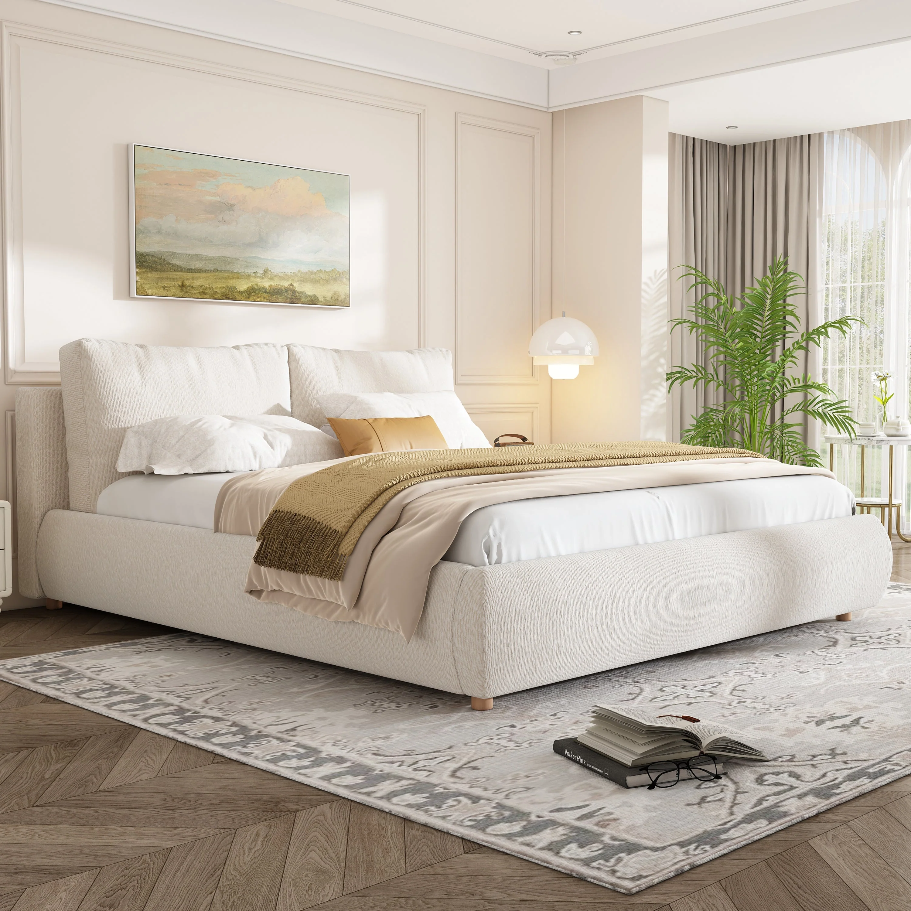Queen Size Upholstered Platform Bed with Two Removable Pillow Headboard - Image 14