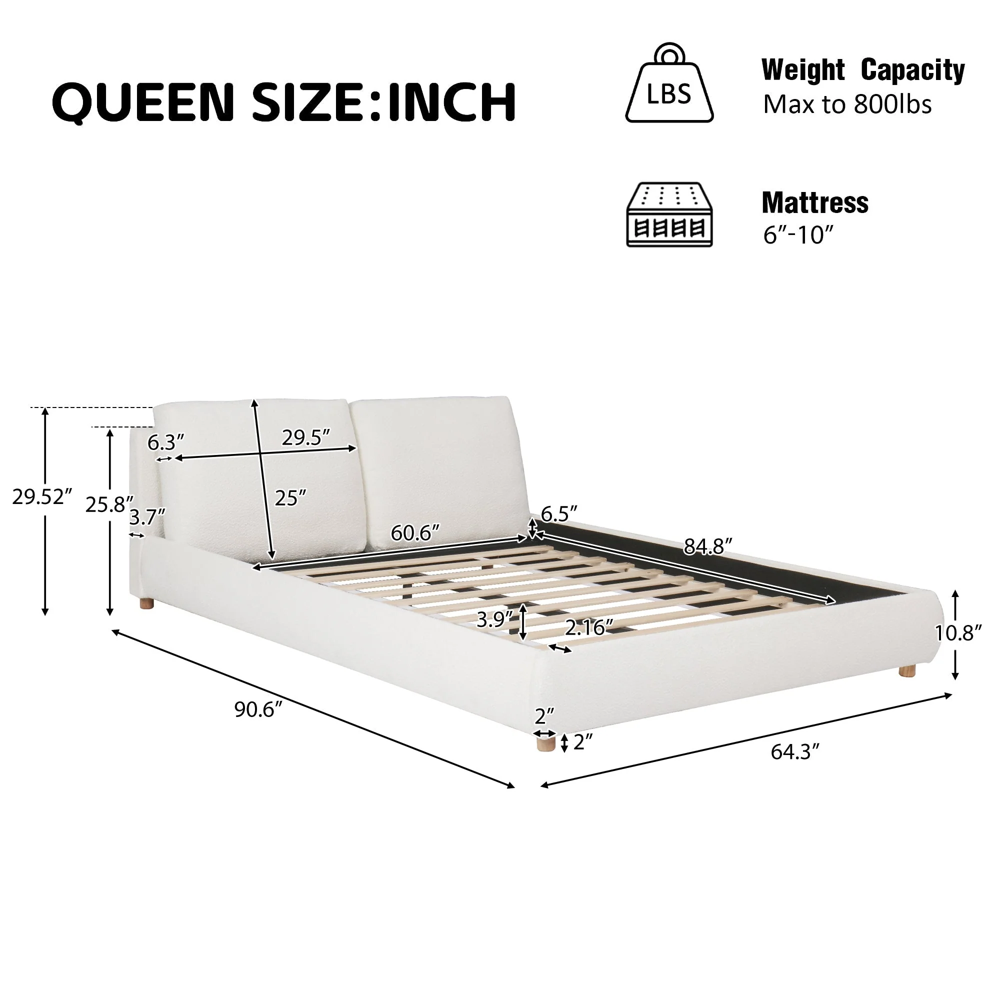 Queen Size Upholstered Platform Bed with Two Removable Pillow Headboard - Image 3