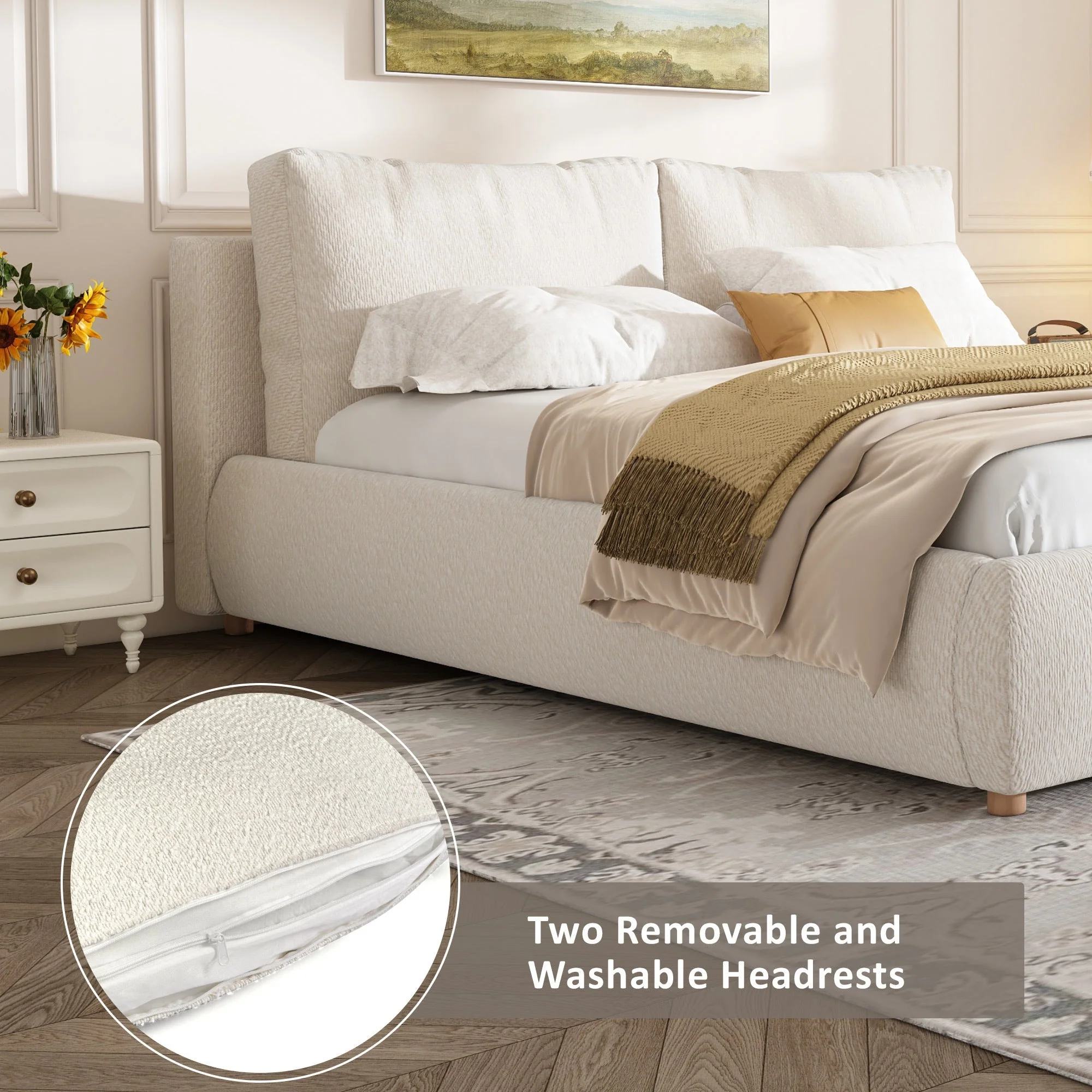 Queen Size Upholstered Platform Bed with Two Removable Pillow Headboard - Image 6