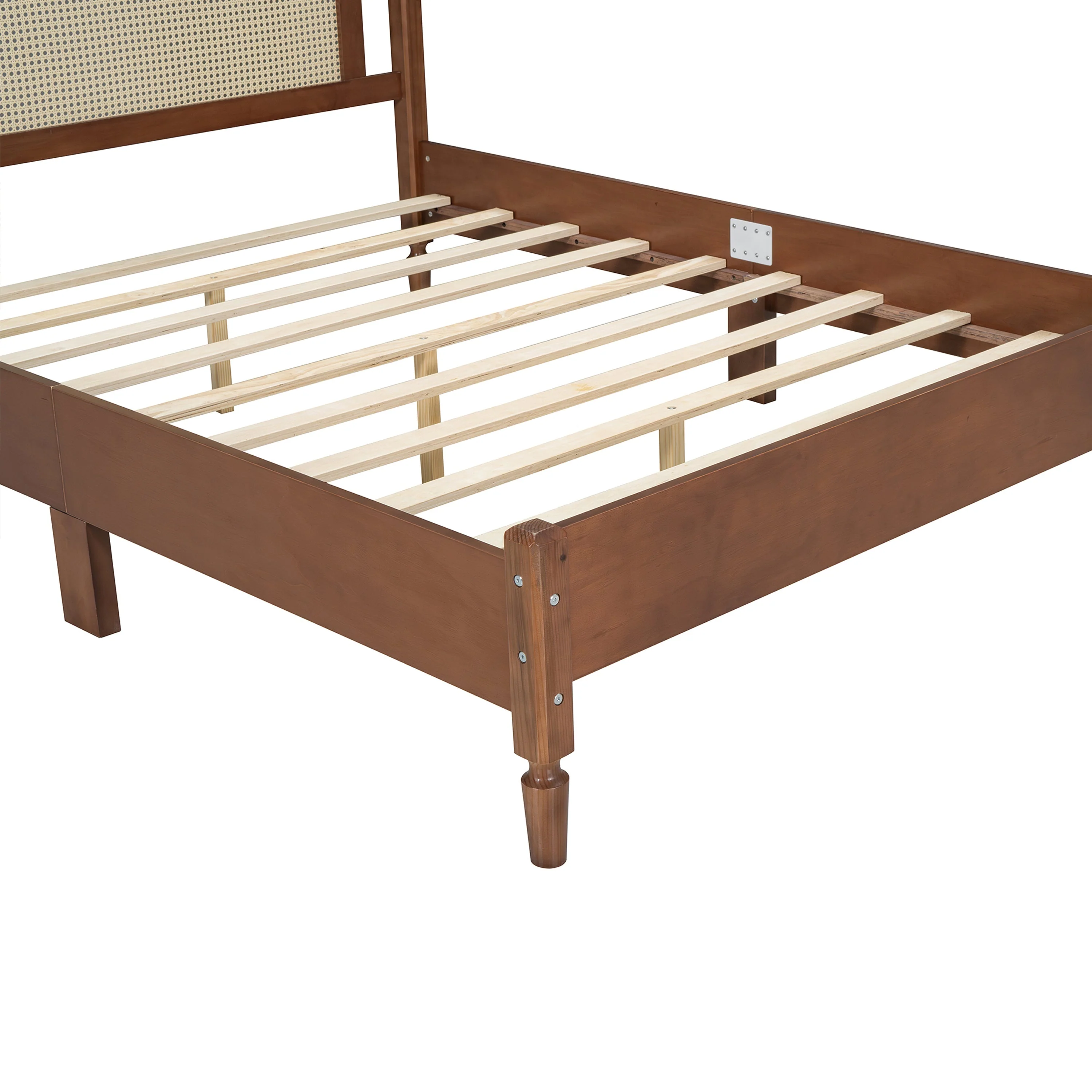 Queen Size Wooden Platform Bed with Natural Rattan Headboard - Image 10