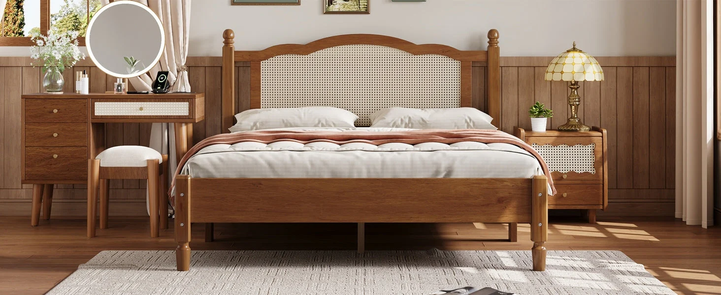 Queen Size Wooden Platform Bed with Natural Rattan Headboard - Image 11