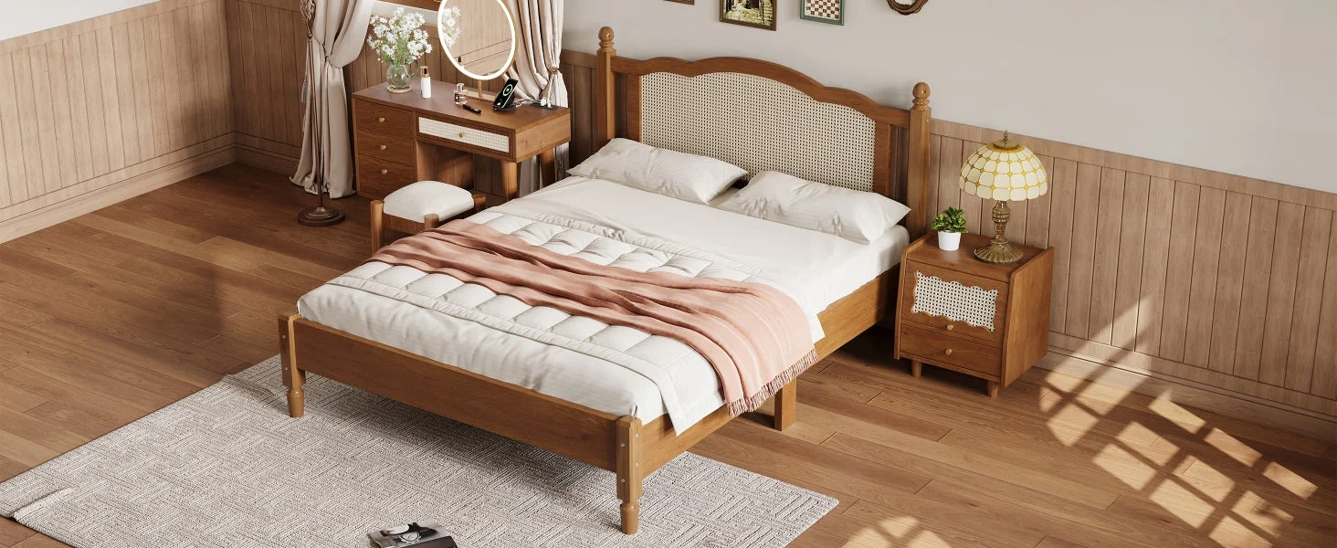 Queen Size Wooden Platform Bed with Natural Rattan Headboard - Image 12