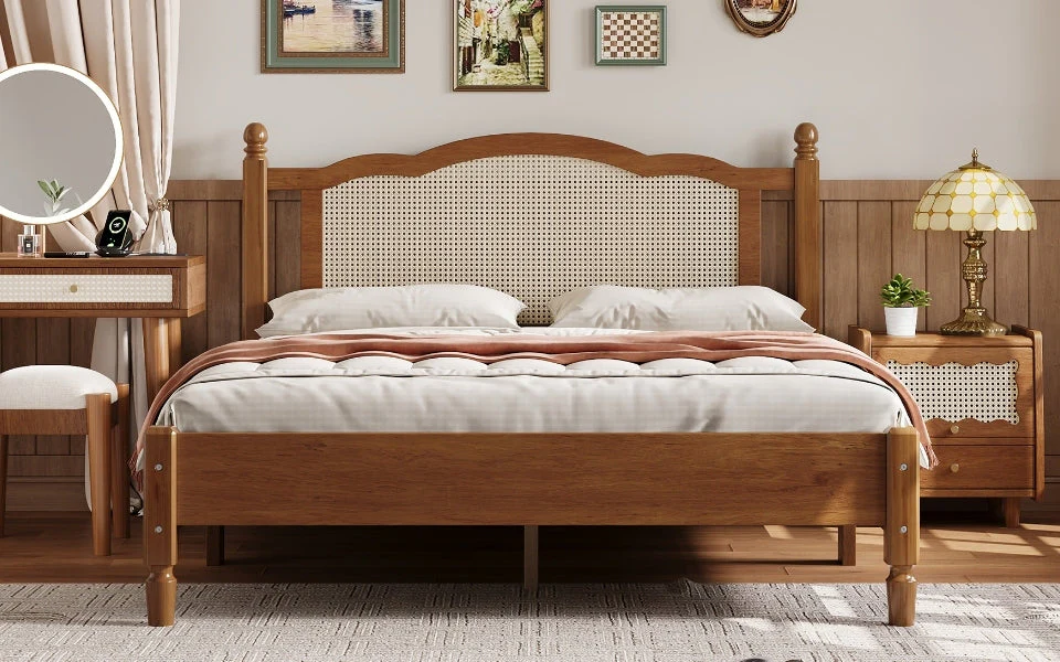 Queen Size Wooden Platform Bed with Natural Rattan Headboard - Image 13