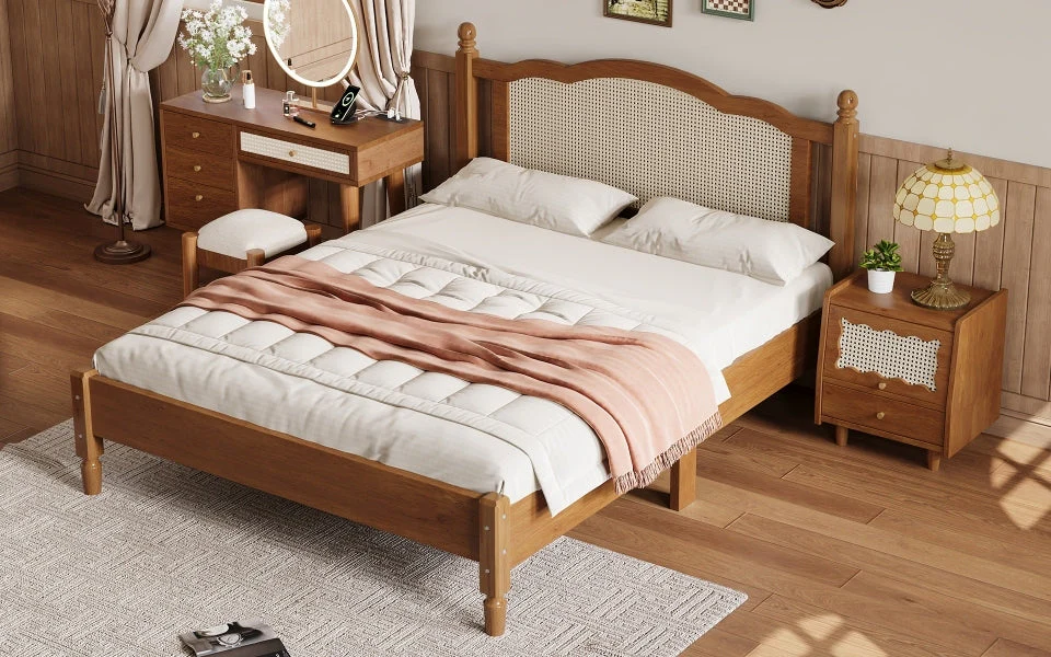 Queen Size Wooden Platform Bed with Natural Rattan Headboard - Image 14