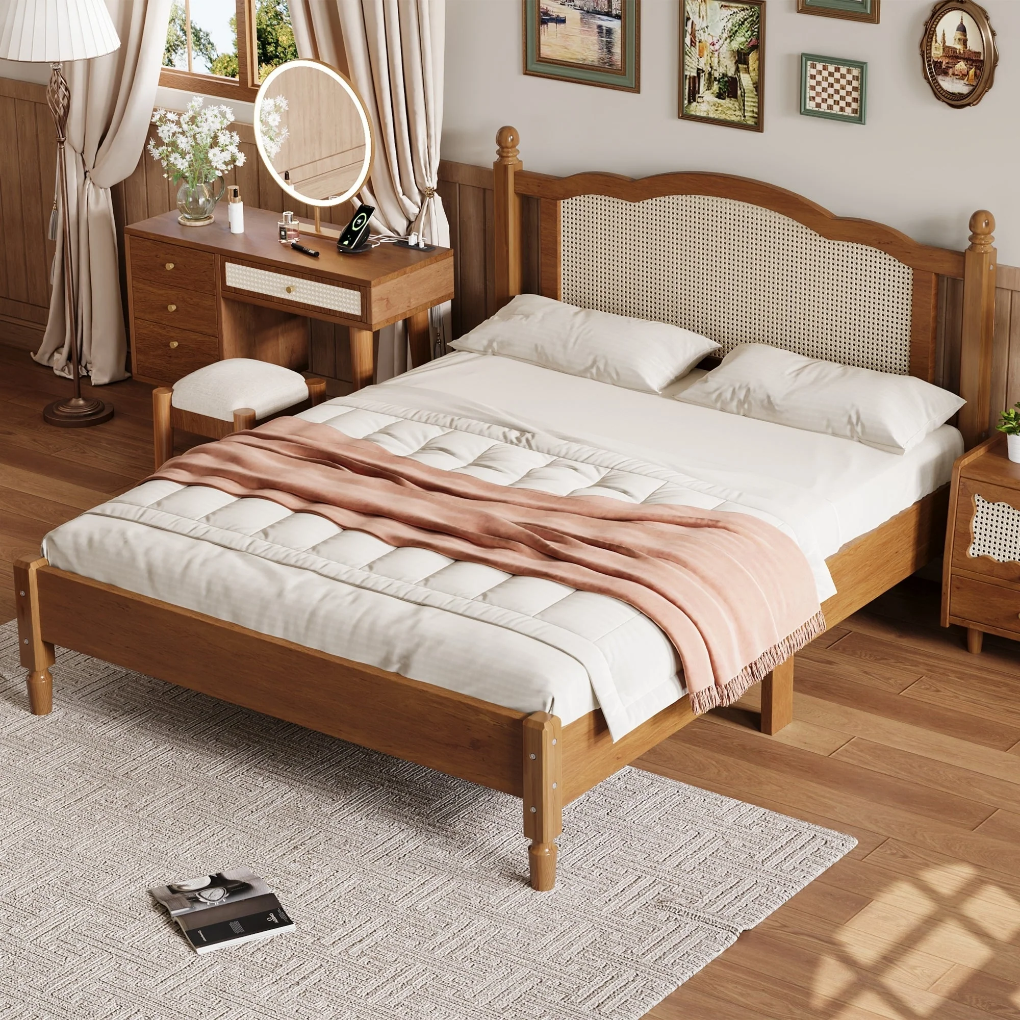 Queen Size Wooden Platform Bed with Natural Rattan Headboard - Image 3