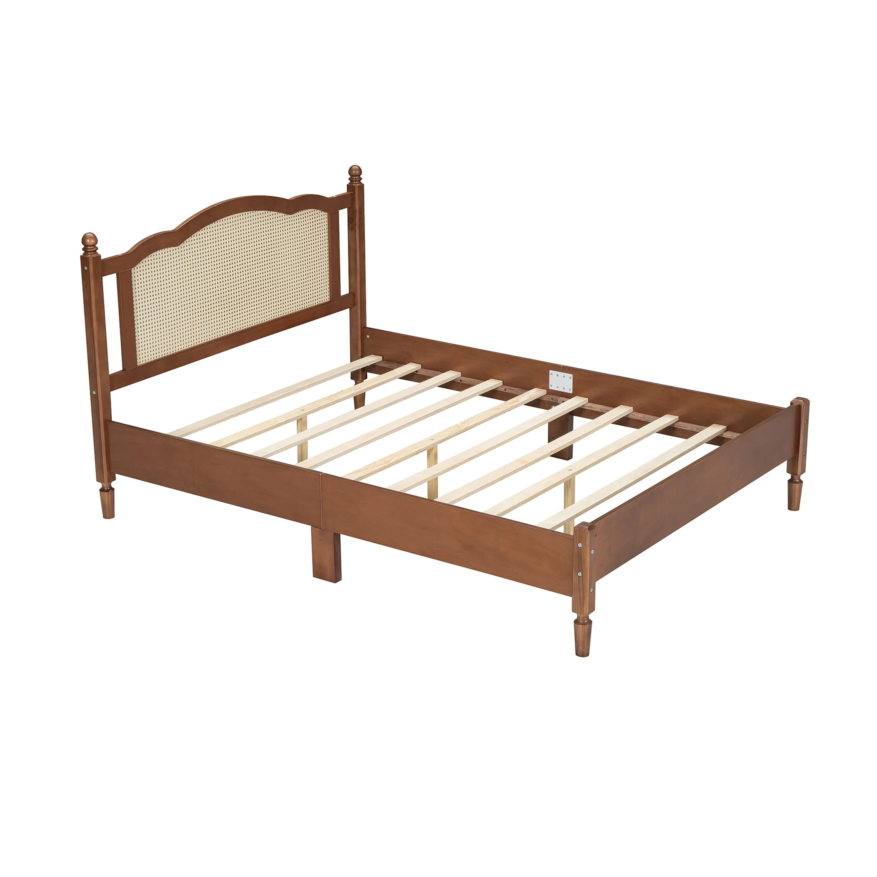 Queen Size Wooden Platform Bed with Natural Rattan Headboard - Image 4