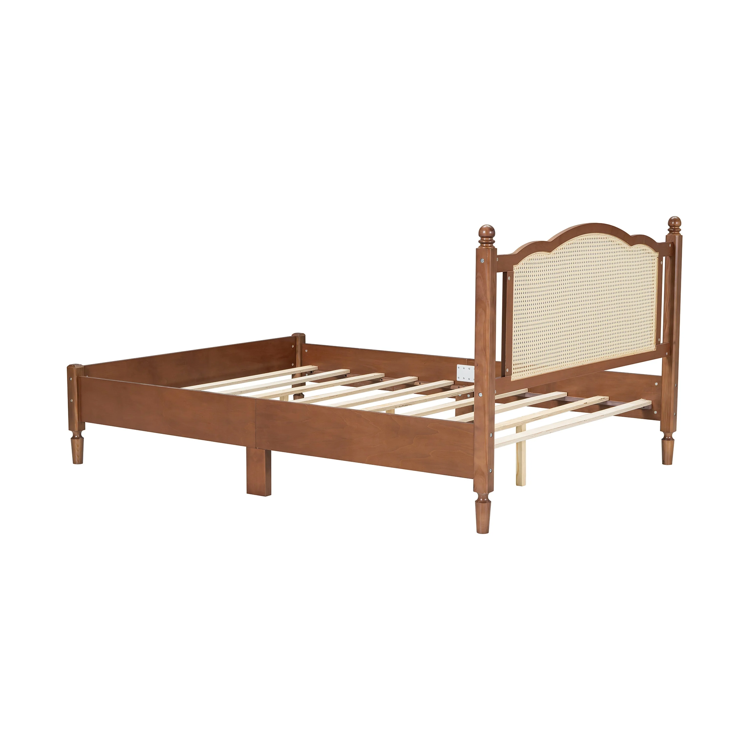 Queen Size Wooden Platform Bed with Natural Rattan Headboard - Image 6