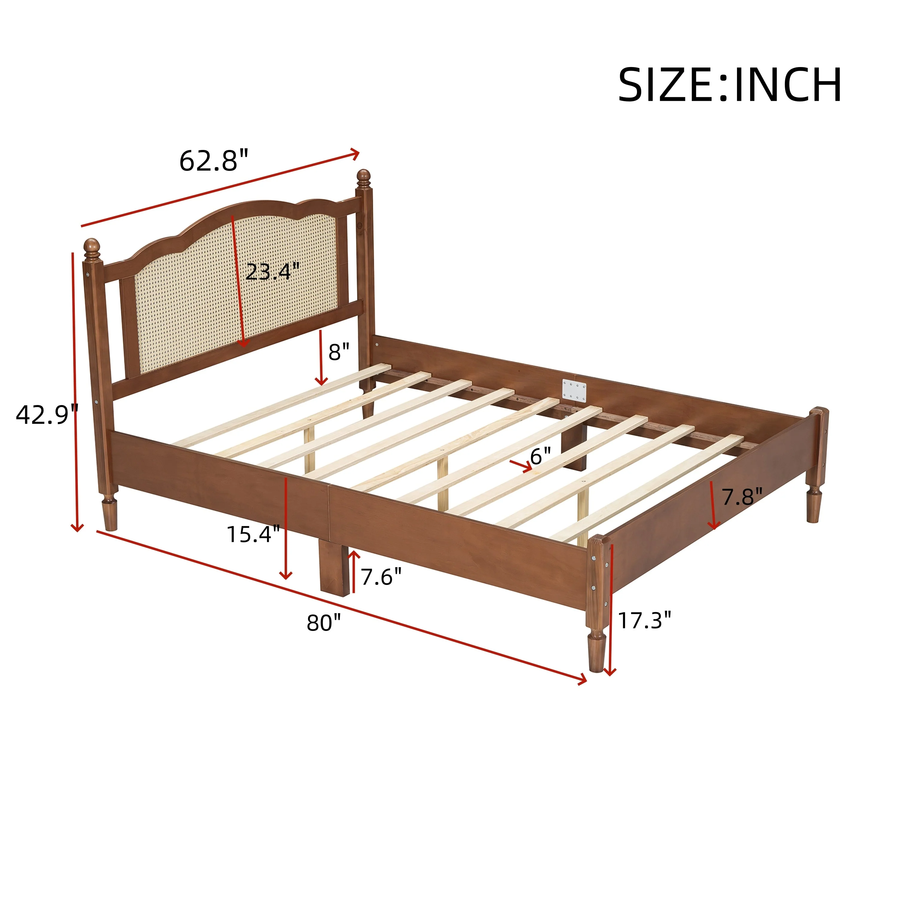 Queen Size Wooden Platform Bed with Natural Rattan Headboard - Image 7