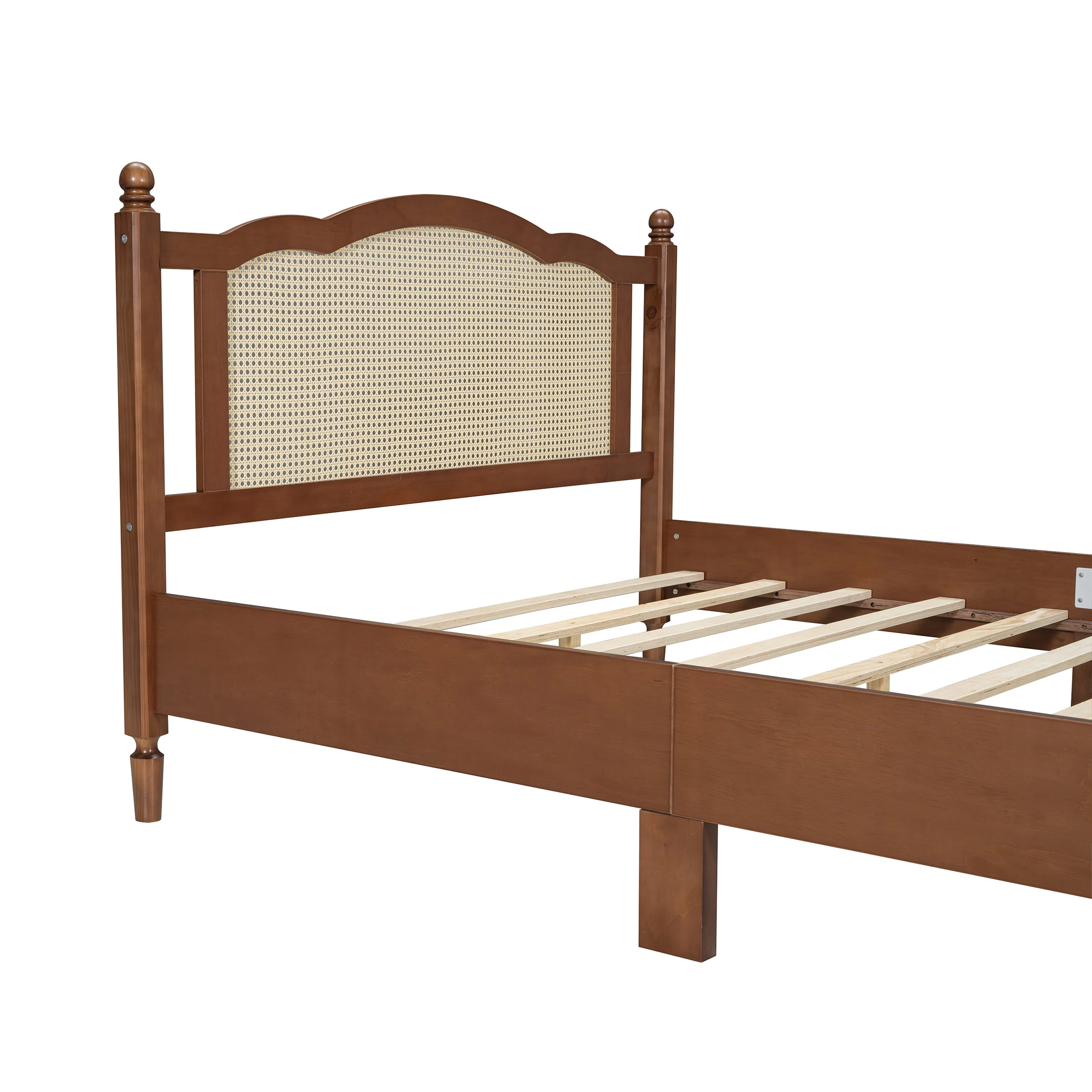 Queen Size Wooden Platform Bed with Natural Rattan Headboard - Image 8