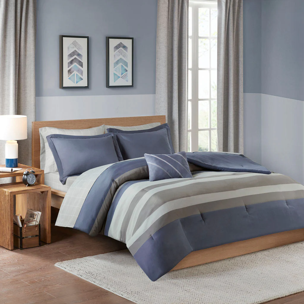 Queen Striped Comforter Set with Bed Sheets