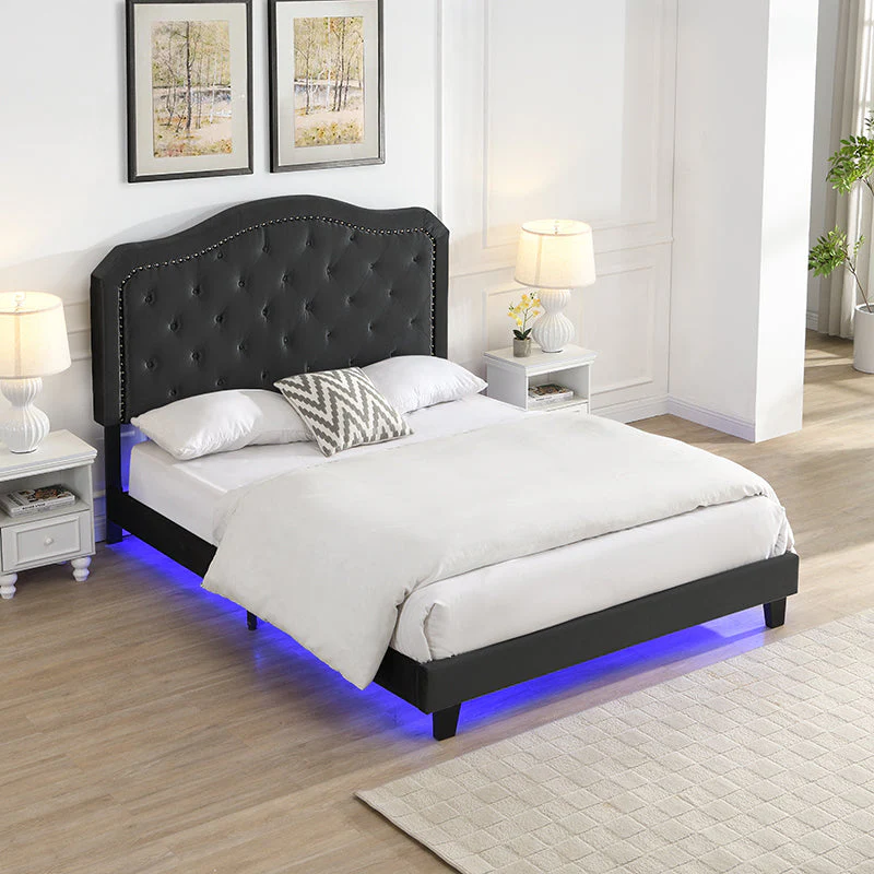 Queen Upholstered Bed Button Tufted with Curve Design - Image 2