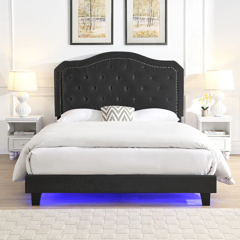 Queen Upholstered Bed Button Tufted with Curve Design - Image 3