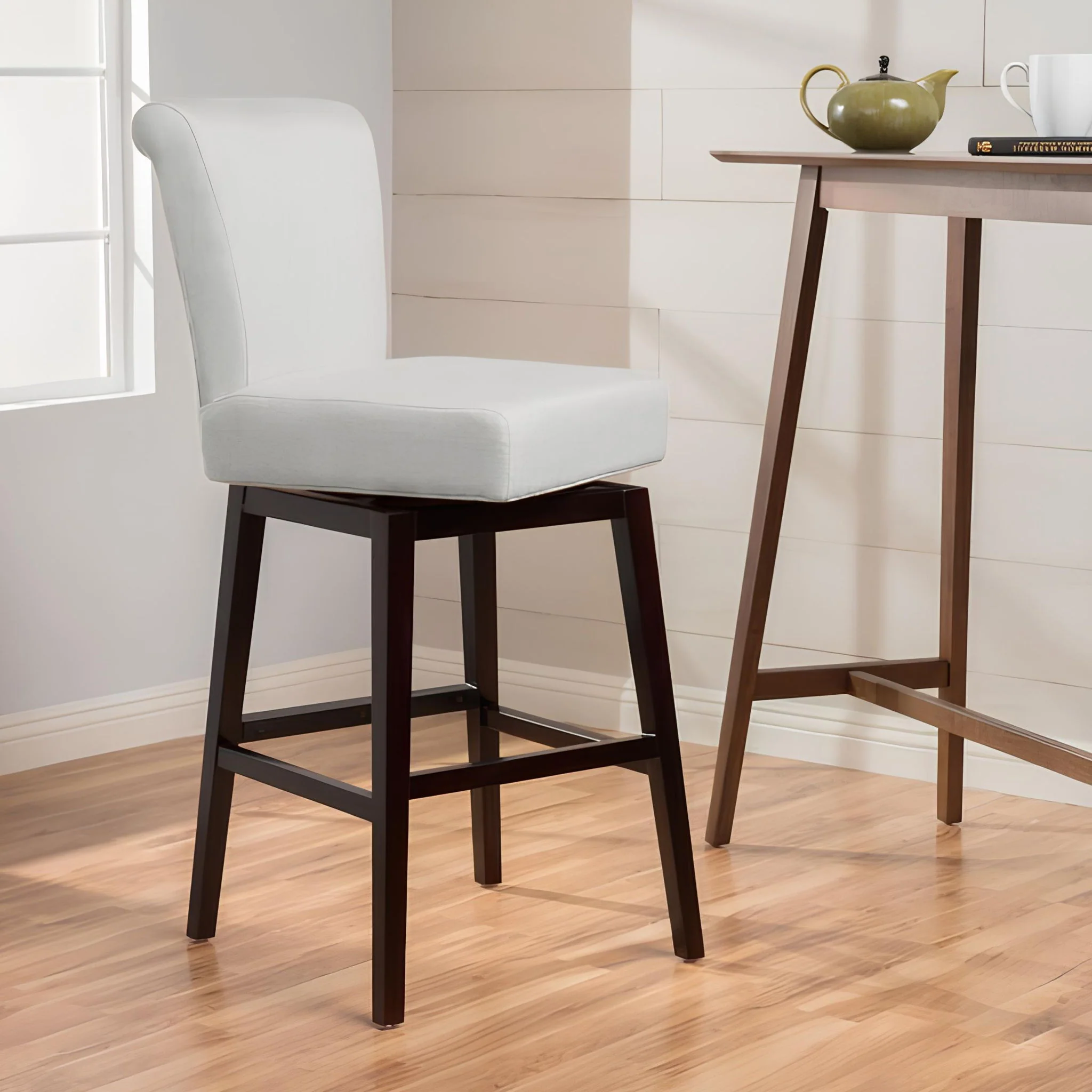 Quicksilvered Upholstered Swivel Counter Stool With Wood Legs - Beige - Image 2