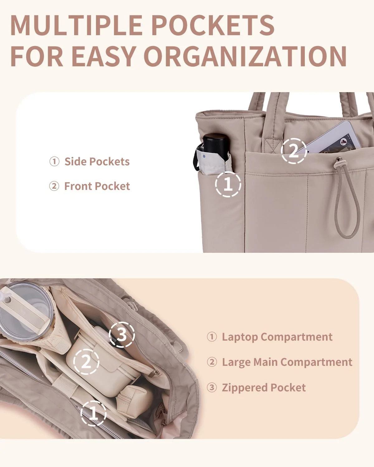 Quilted Puffer Tote Bag with Laptop Sleeve & Cup Holder 20L Travel Work - Image 20